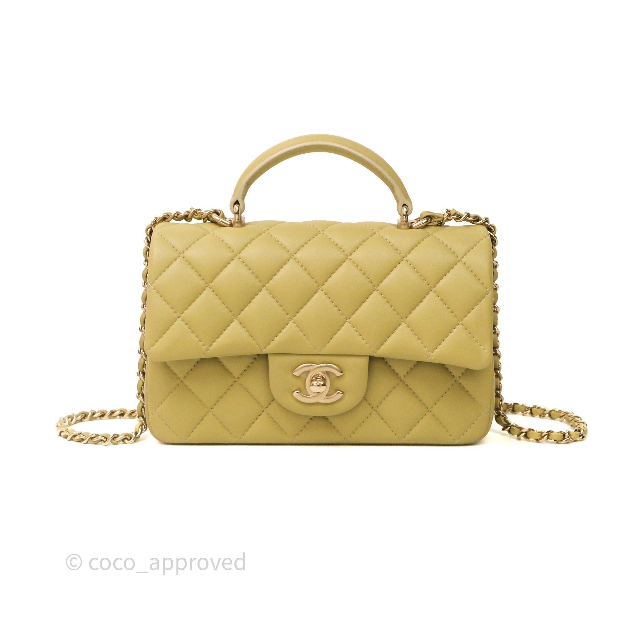 Chanel Top Handle Mini Rectangular Flap Bag Light Olive Green Lambskin Gold Hardware
