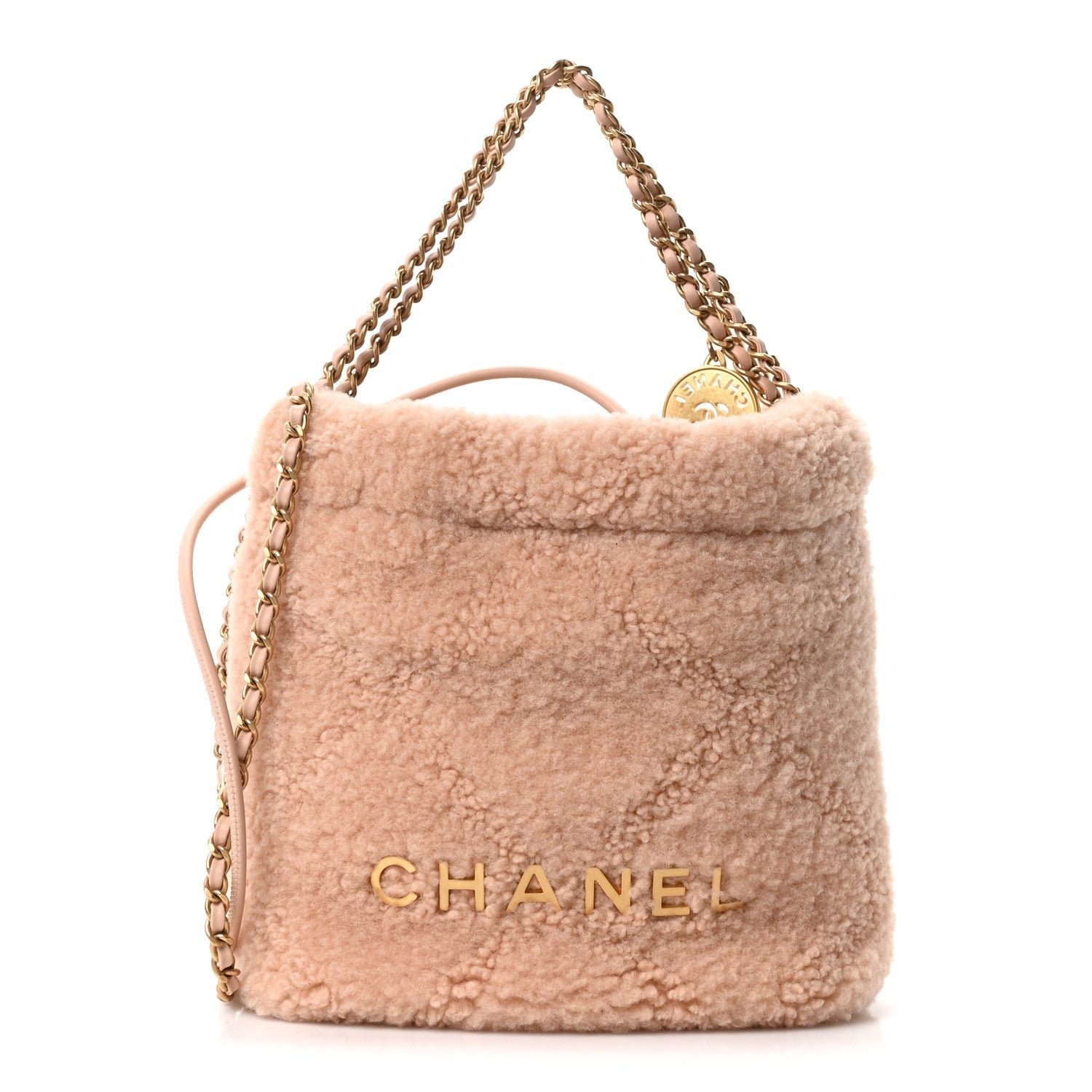 Chanel Aged Lambskin Shearling Quilted Small Chanel 22 Light Pink