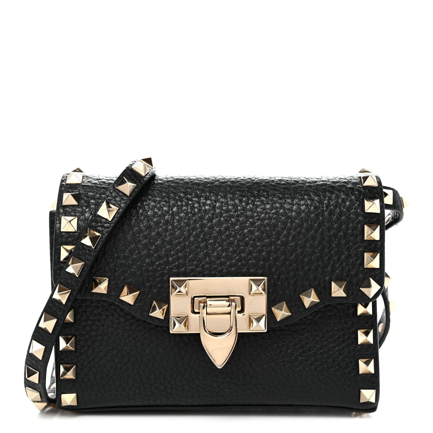 Valentino Garavani Pebbled Calfskin Rockstud Flip Lock Crossbody Bag Black