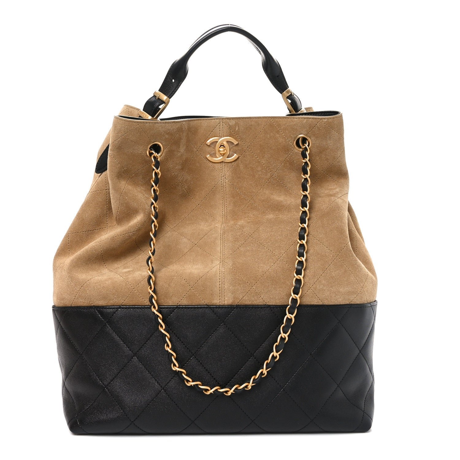 Chanel Suede Calfskin Shiny Lambskin Quilted Large Coco Base Shopping Bag Beige Black