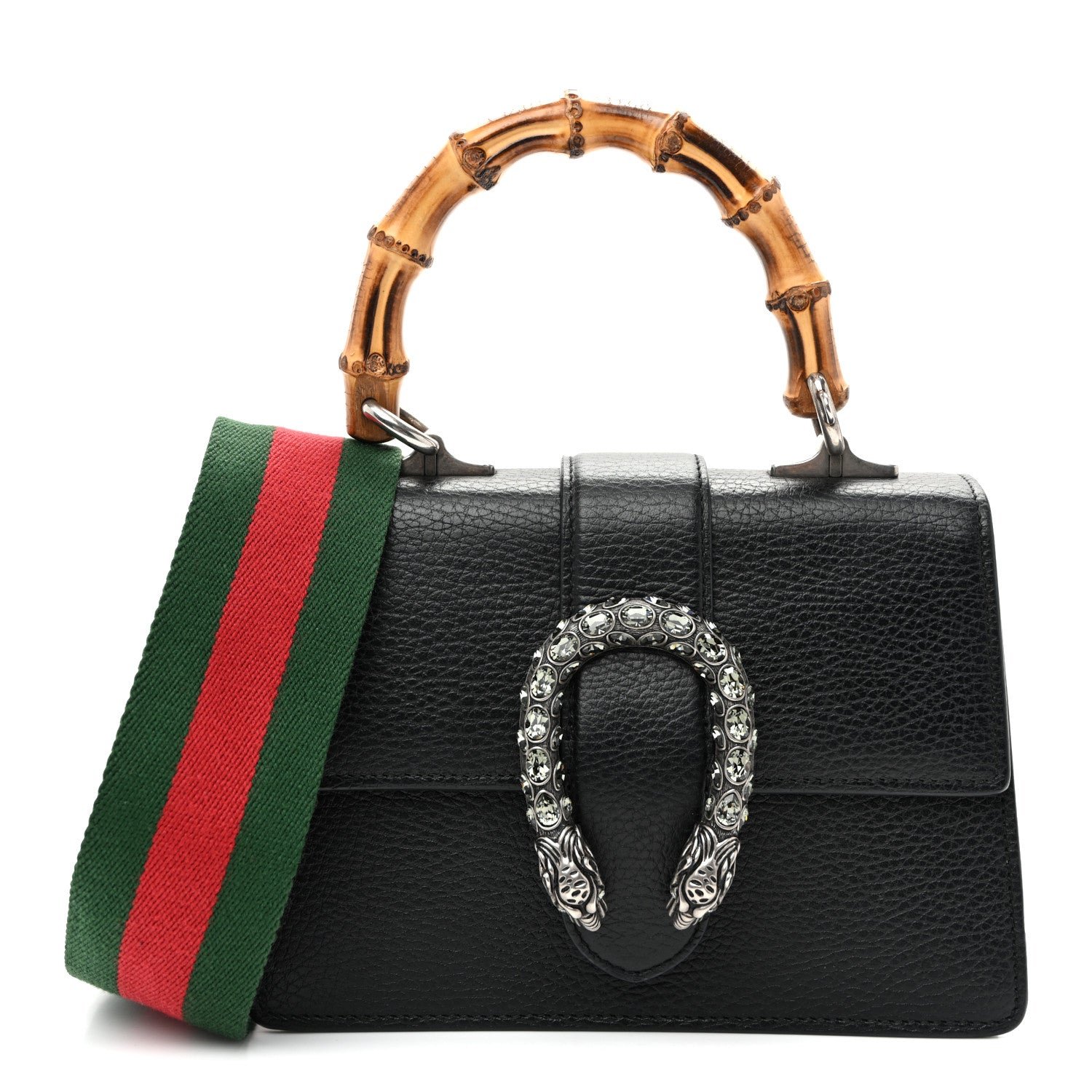 Gucci Dollar Calfskin Crystal Web Mini Dionysus Bamboo Top Handle Bag Black Black Diamond