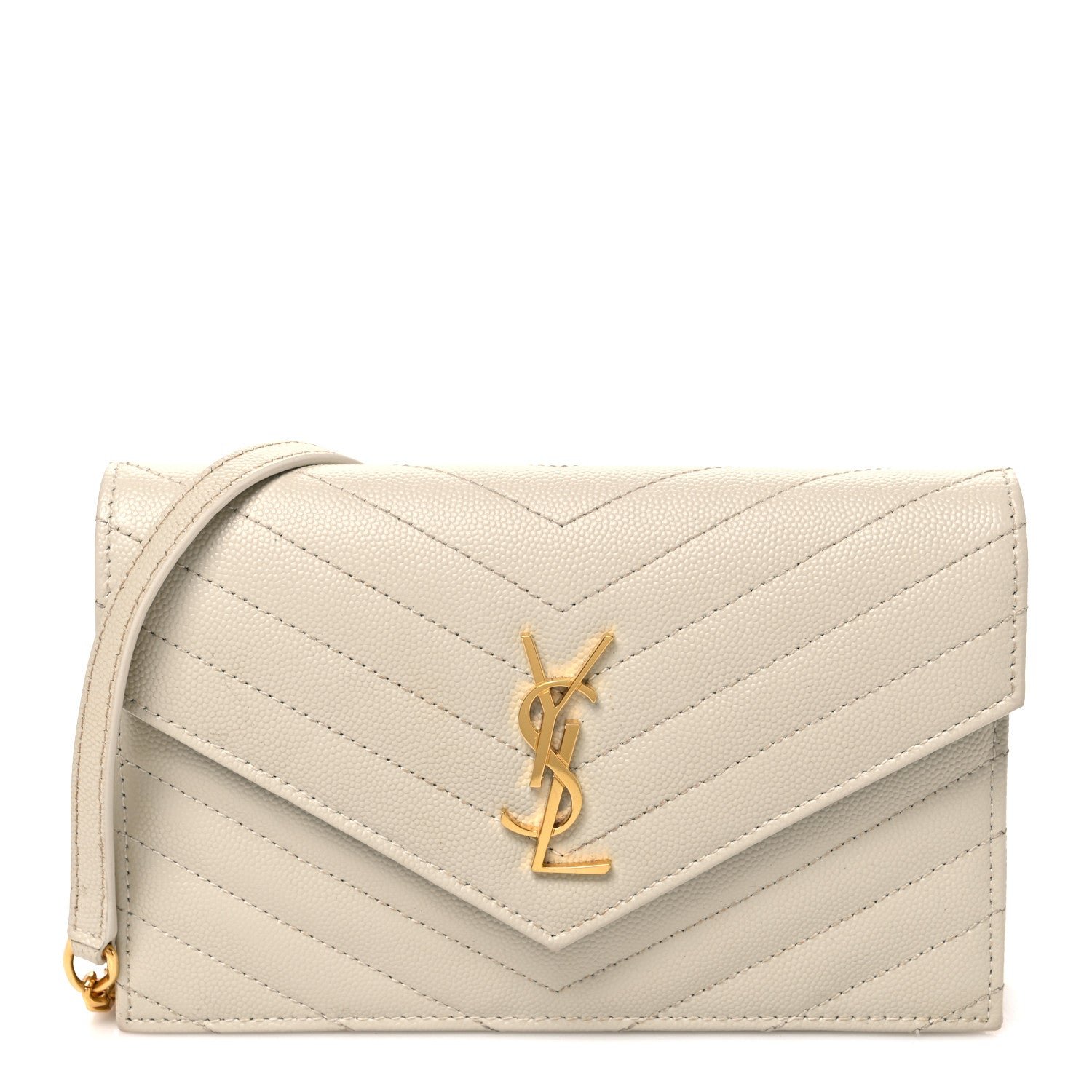 Saint Laurent Grain De Poudre Matelasse Chevron Monogram Envelope Chain Wallet Crema Soft