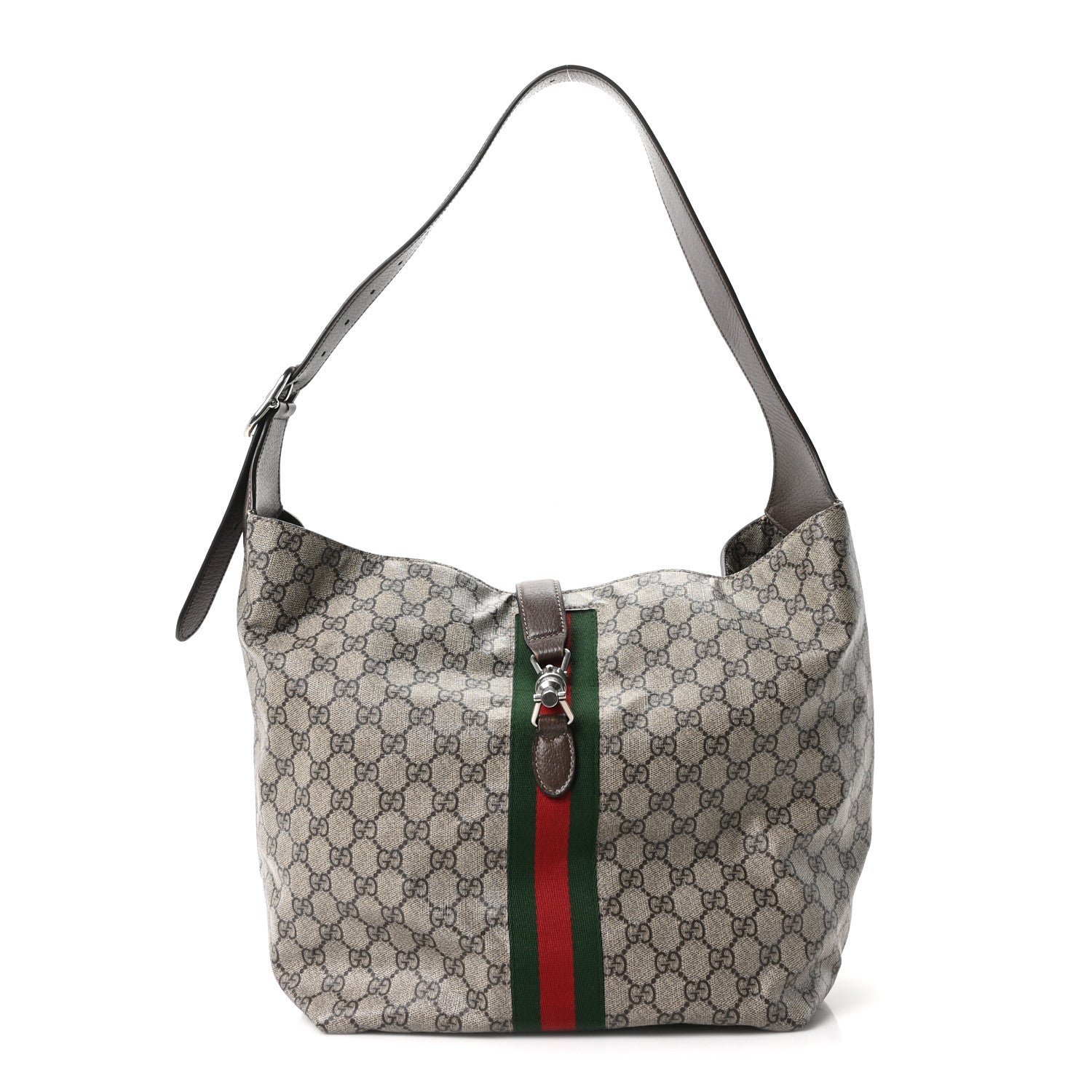 Gucci Tender GG Supreme Monogram Textured Dollar Calfskin Web Medium Jackie 1961 Crossbody Bag Beige Ebony New Acero