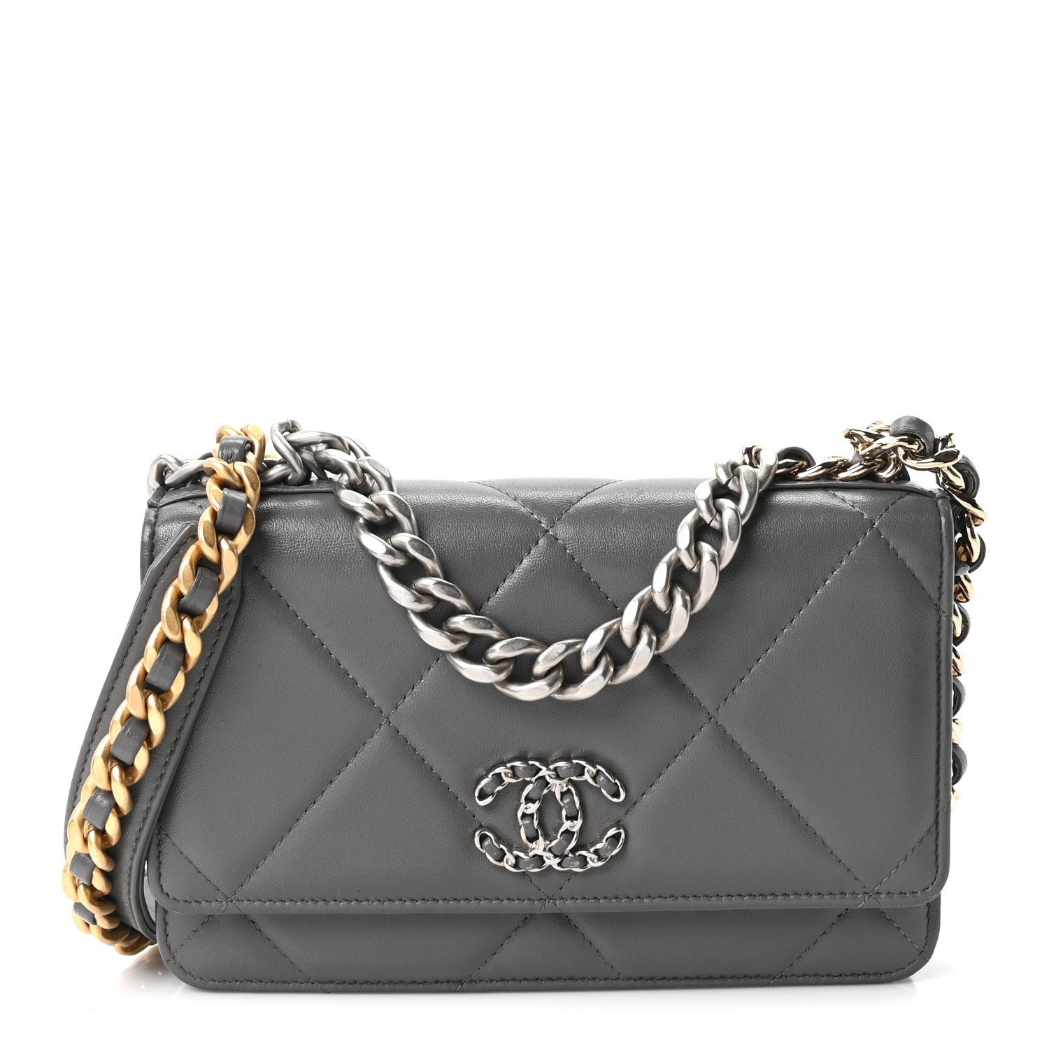 Chanel Lambskin Quilted Chanel 19 Wallet On Chain WOC Grey