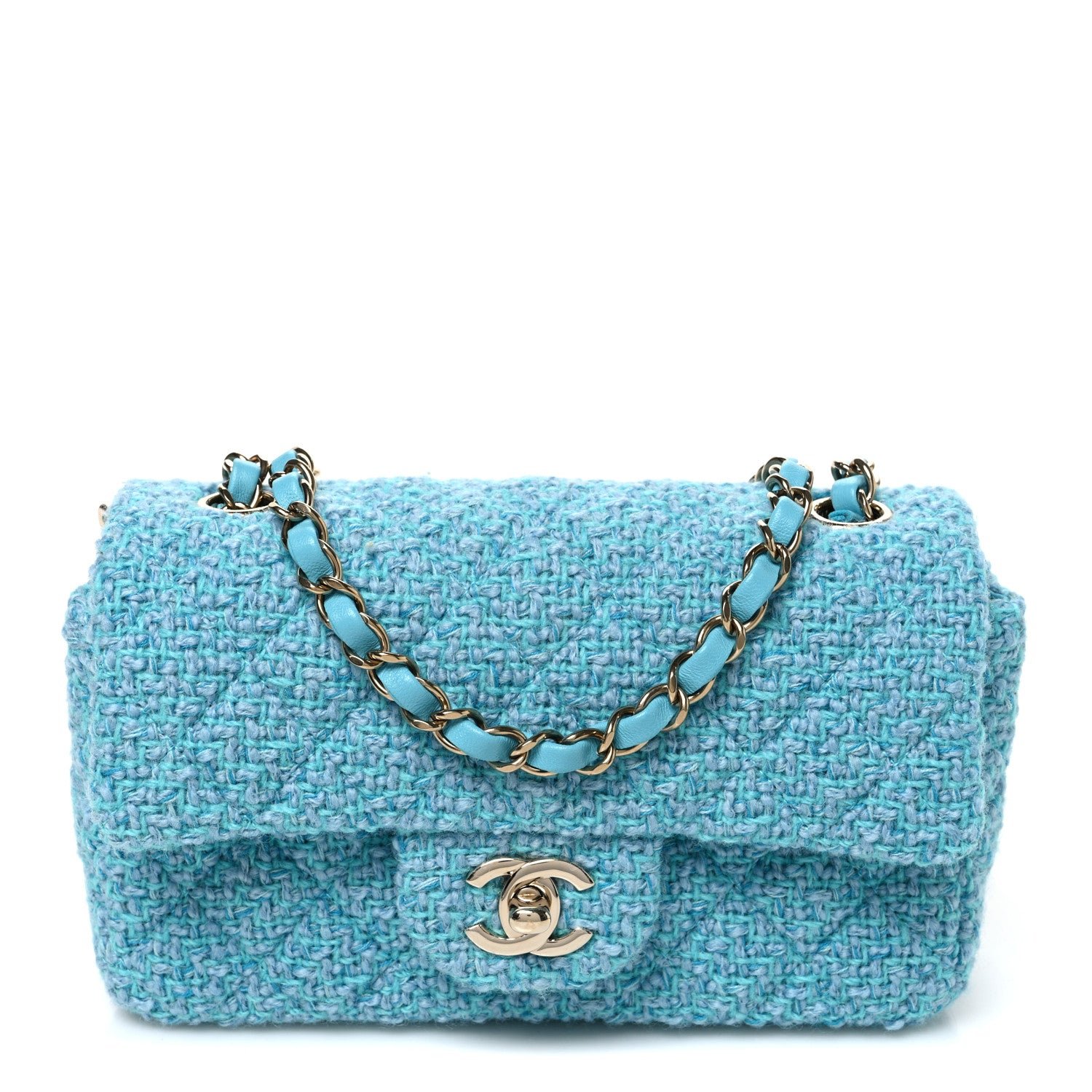 Chanel Wool Tweed Quilted Mini Rectangular Flap Turquoise Light Blue