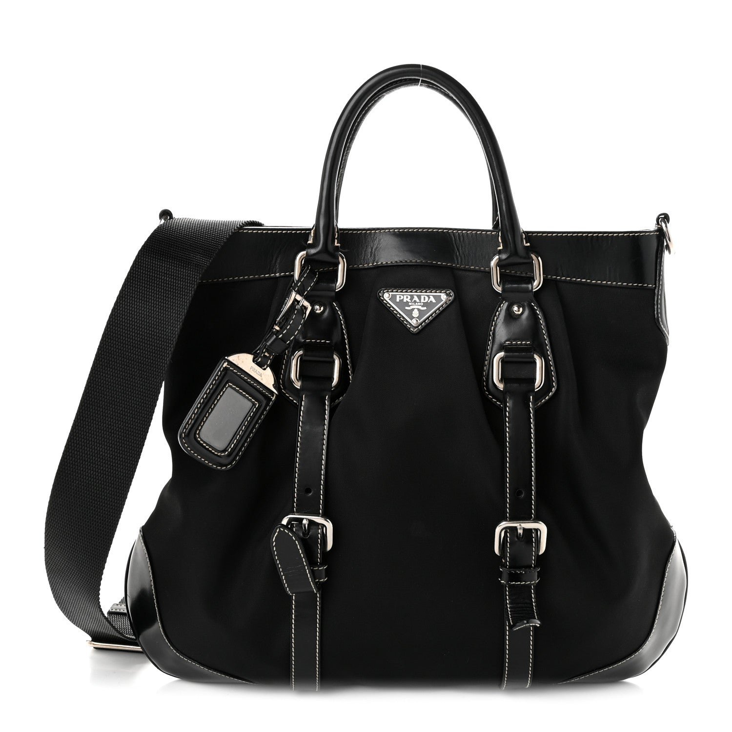 Prada Tessuto Nylon Calfskin Flat Messenger Bag Black