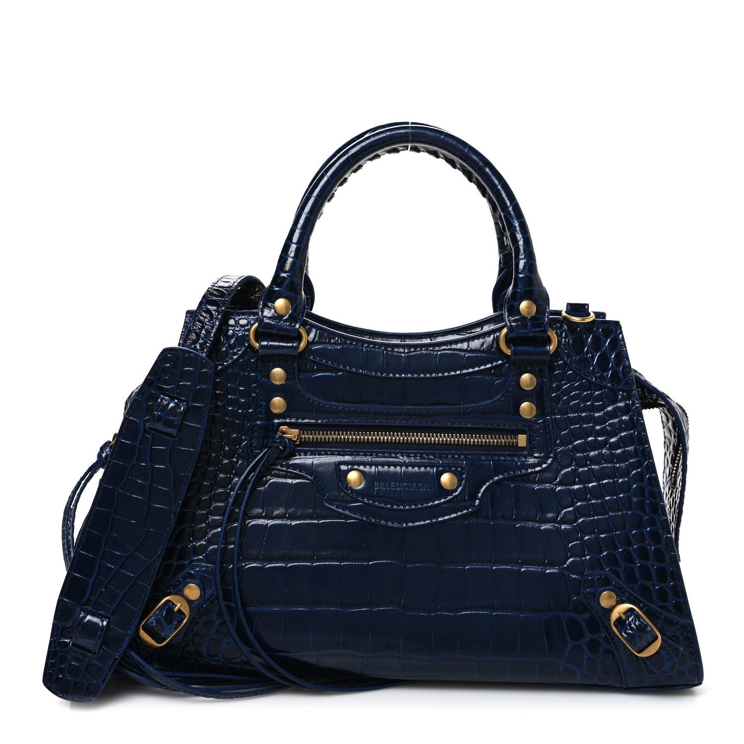 Balenciaga Shiny Supple Calfskin Crocodile Embossed Neo Classic Gold Hardware S City Navy