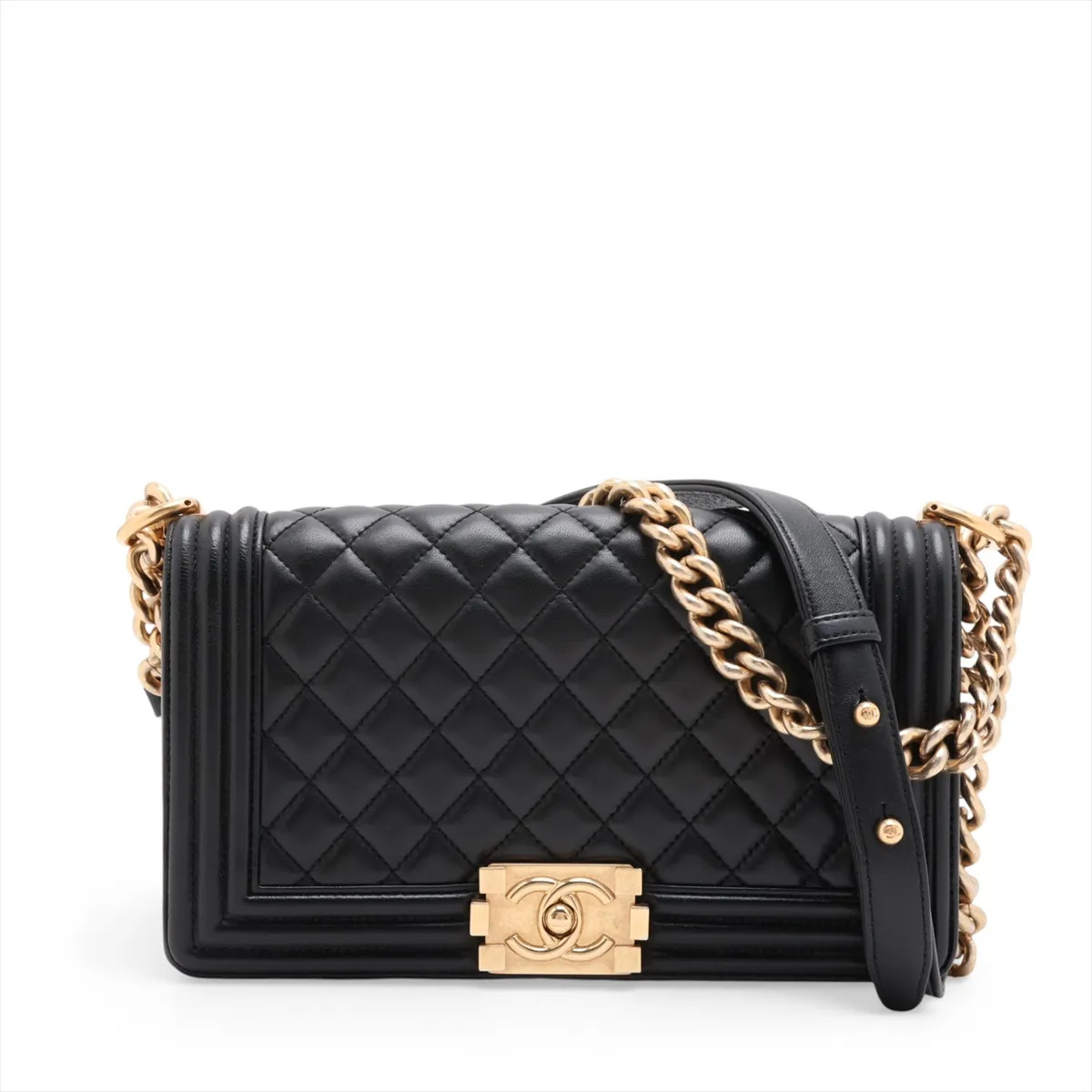 Chanel BOY CHANEL 25 Lambskin Chain Shoulder Bag Black Gold Metal Fittings 22XXX