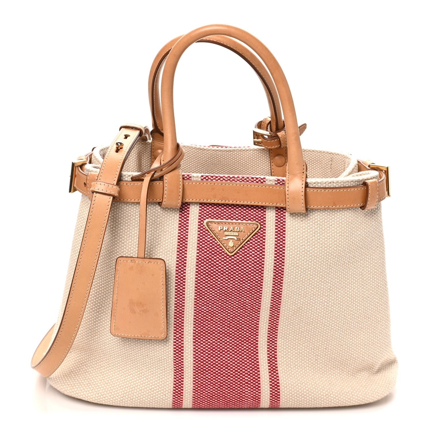 Prada Canapa Vitello Small Buckle Bag Tan Red