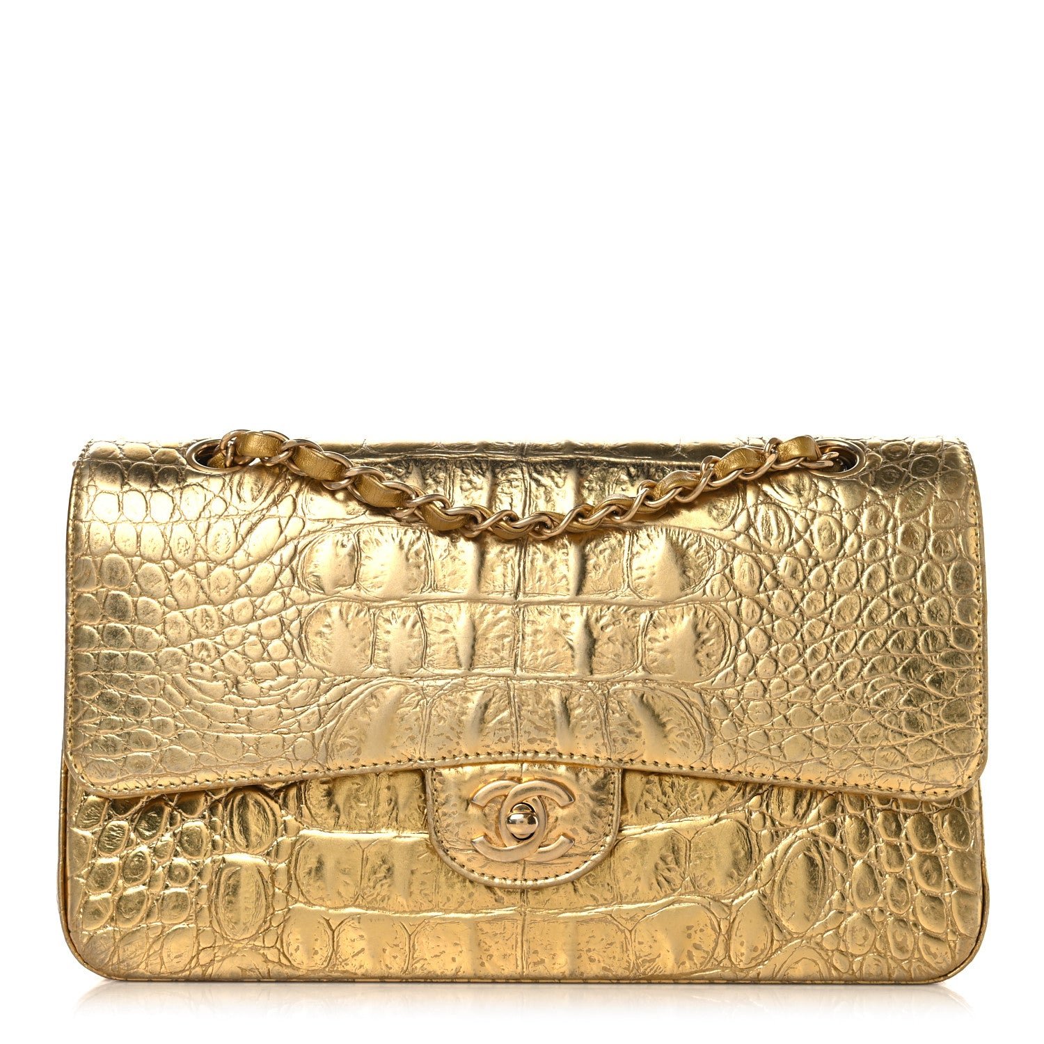 Chanel Metallic Calfskin Crocodile Embossed Cocodile Medium Double Flap Gold