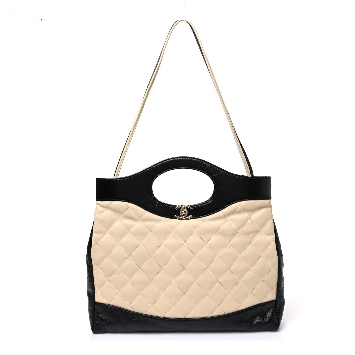 Chanel Aged Calfskin Quilted Large 31 Shopping Bag Beige Black