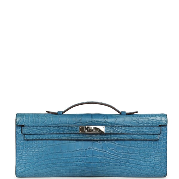 Pre-owned Hermes Kelly Cut Bleu Mykonos Matte Alligator Palladium Hardware