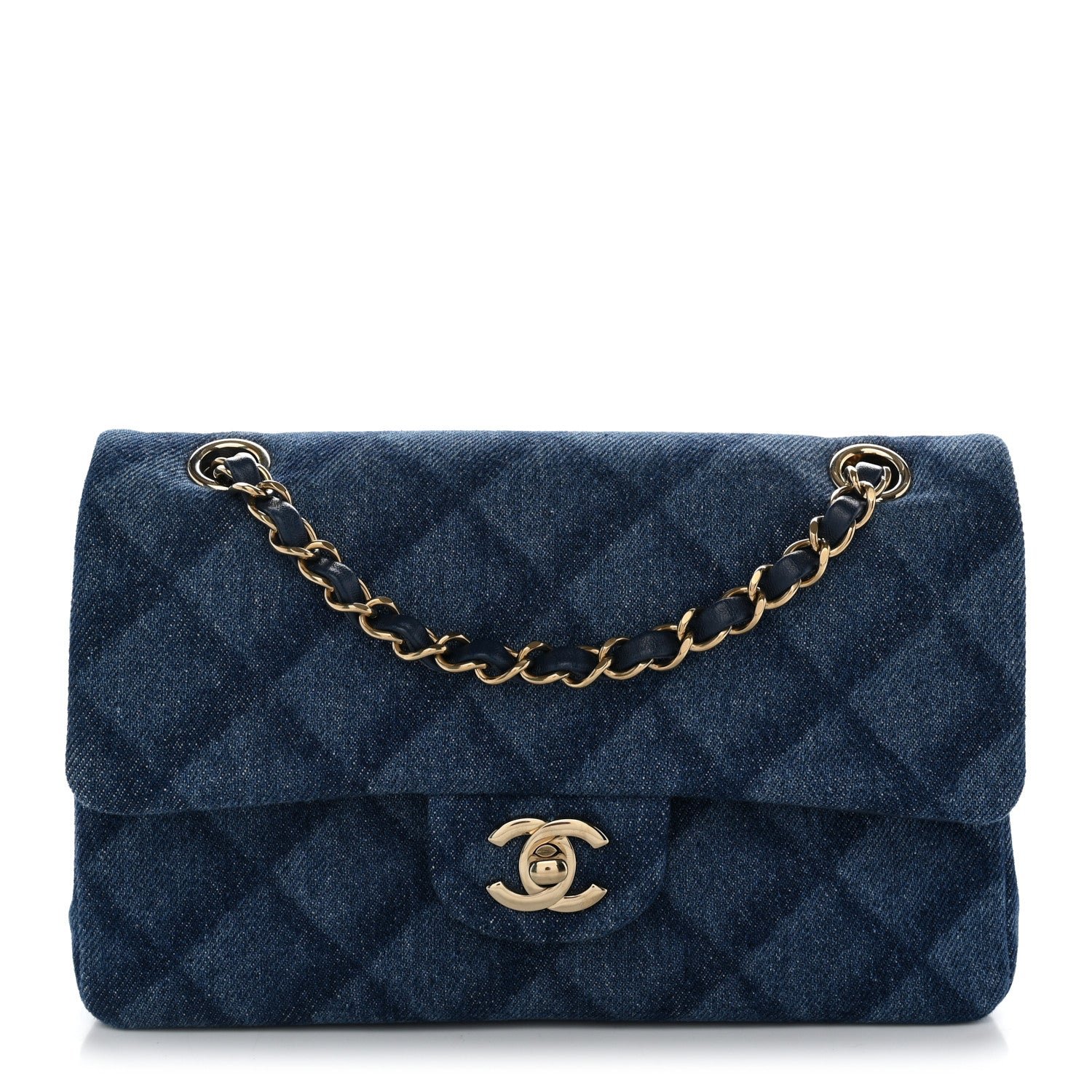 Printed Denim Quilted Small Double Flap Blue