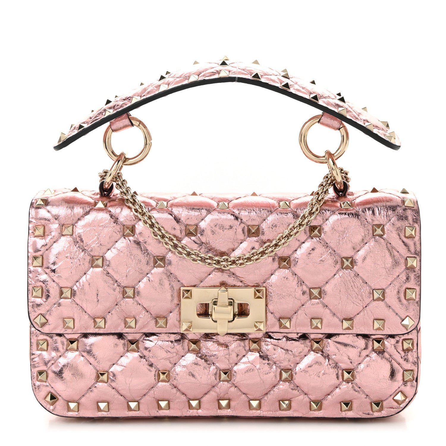 Valentino Garavani Metallic Wrinkled Lambskin Small Rockstud Spike Shoulder Bag Lipstick