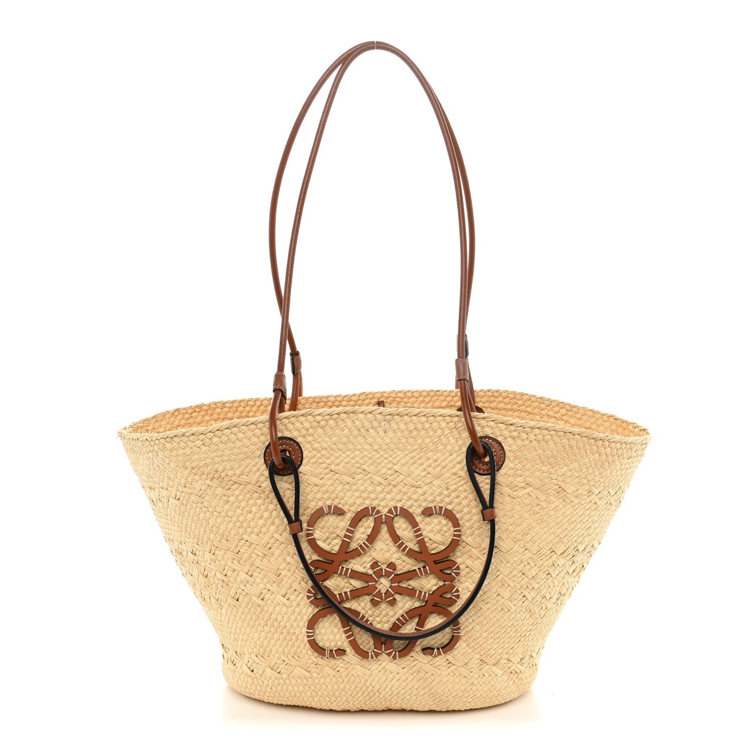Loewe Loewe Calfskin Raffia Paulas Ibiza Medium Anagram Basket Tote Bag Natural Tan