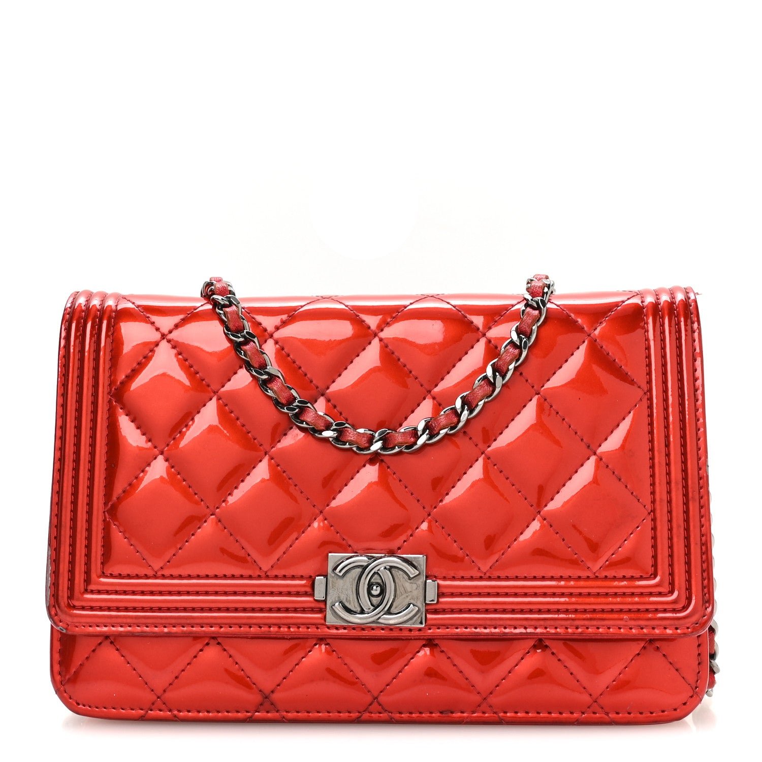 Chanel Metallic Patent Calfskin Quilted Boy Wallet On Chain WOC Red