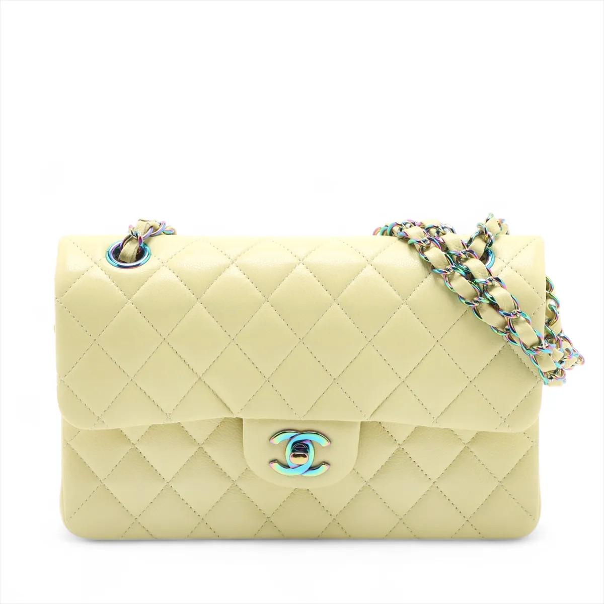 Chanel Matelasse 23 Small Caviar Skin Double Flap Double Chain Bag Yellow Rainbo