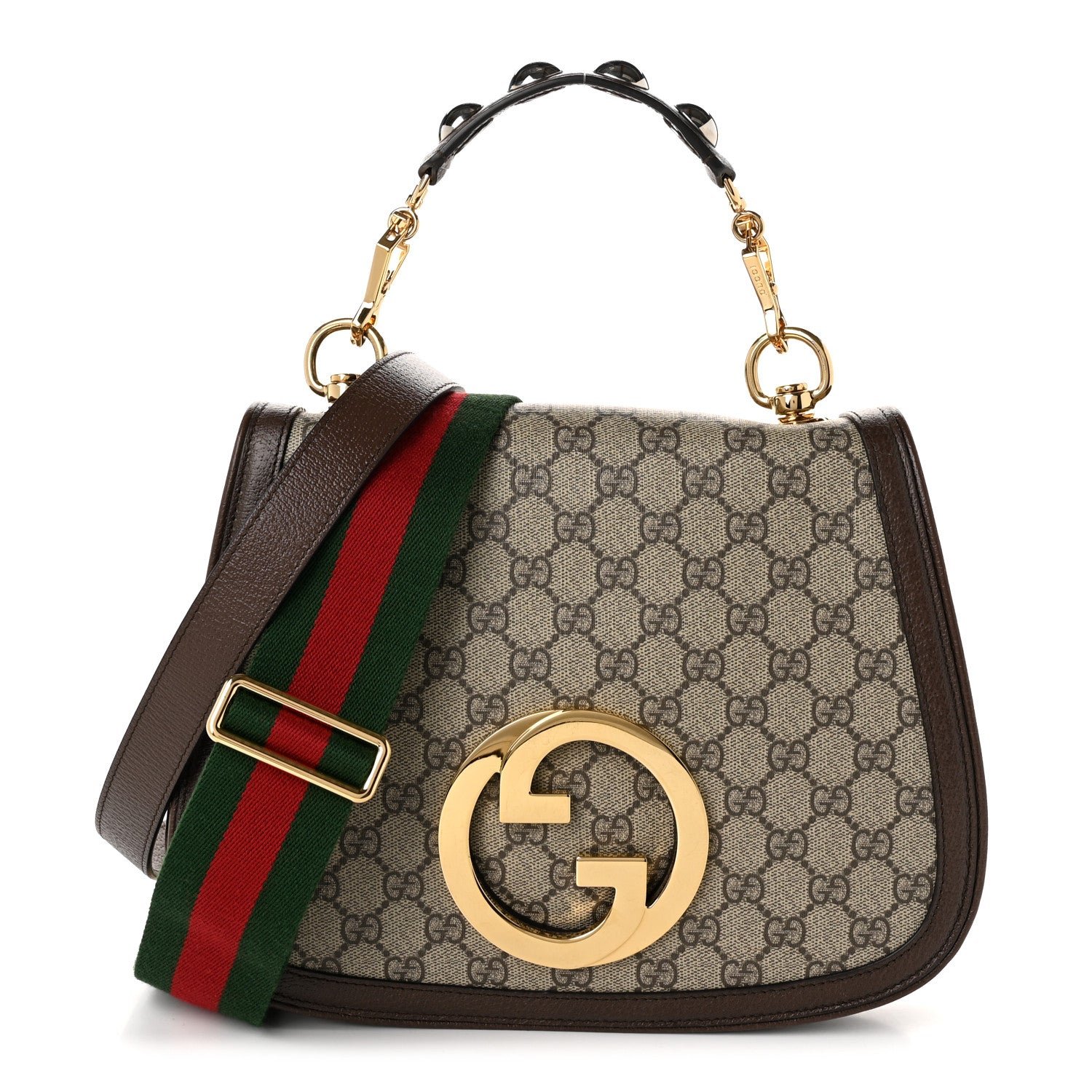 Gucci GG Supreme Monogram Textured Dollar Calfskin Web Medium Blondie Top Handle Shoulder Flap Bag Beige Ebony New Acero