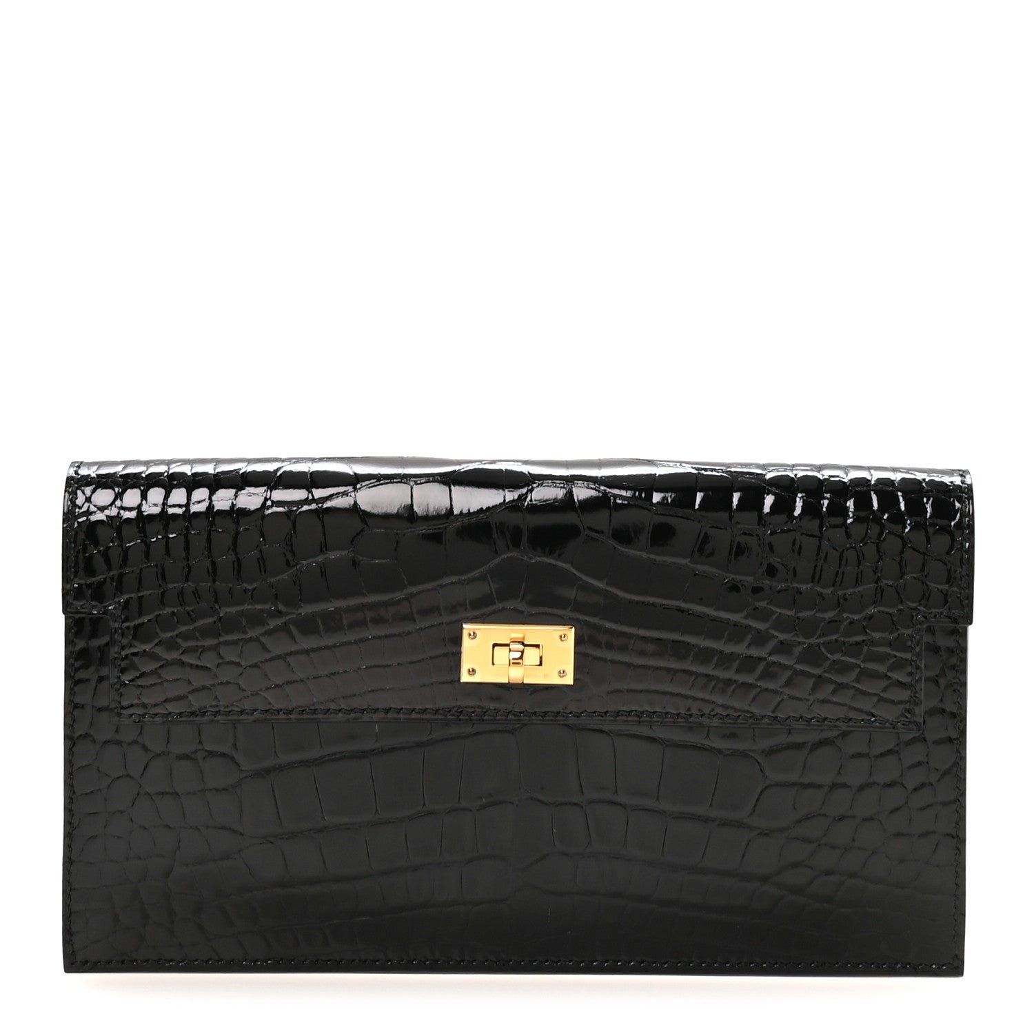 Hermes Shiny Alligator Kelly Pocket Long Wallet Black