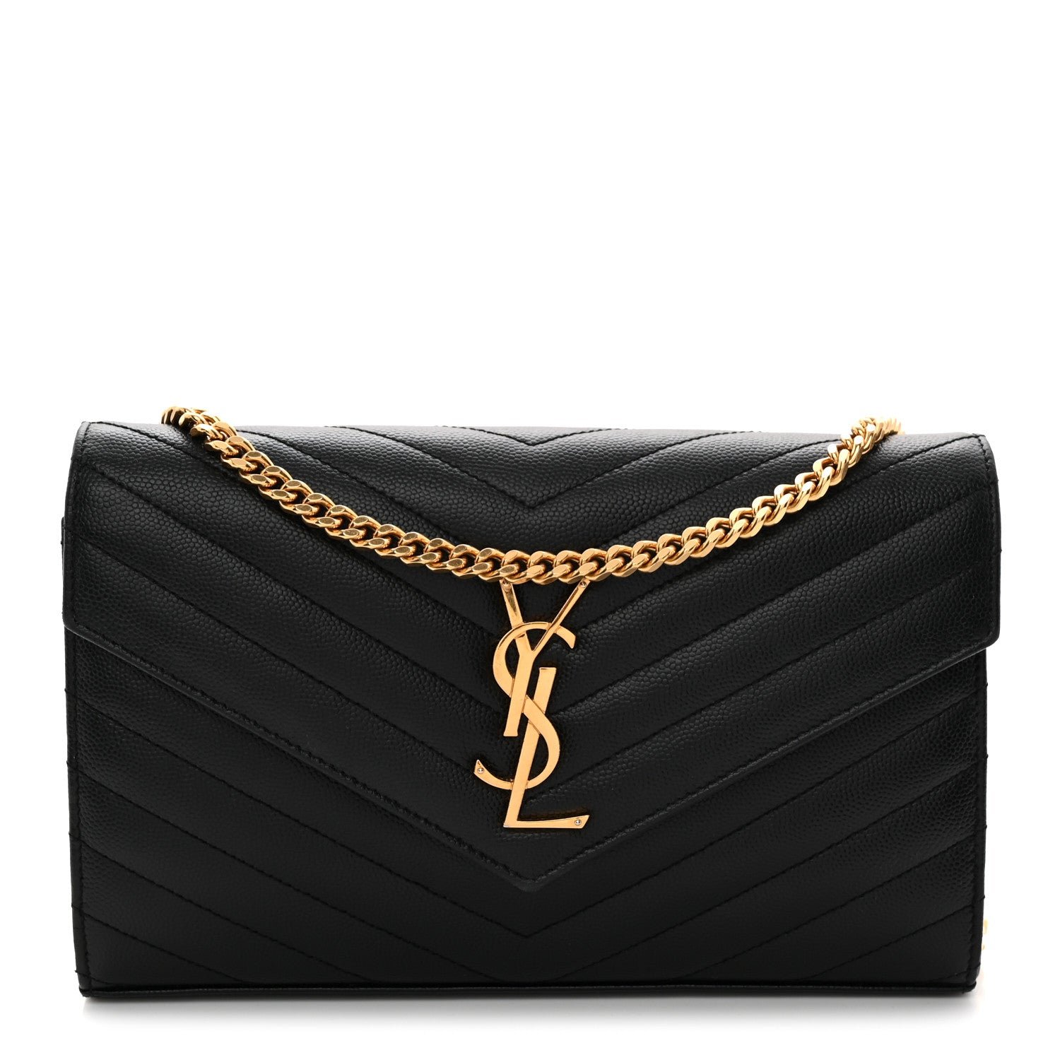 Saint Laurent Grain De Poudre Matelasse Chevron Monogram Chain Wallet Black