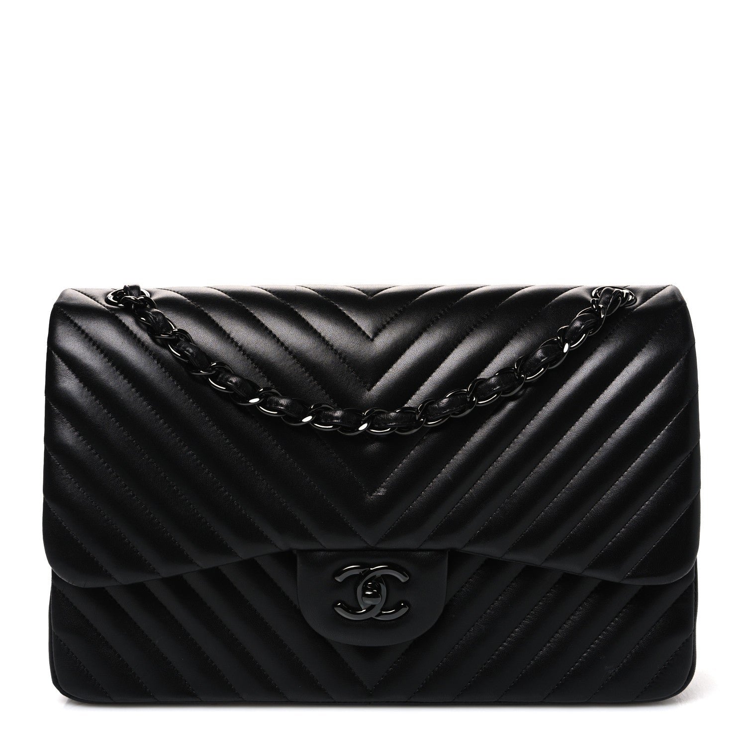 Chanel Lambskin Chevron Quilted Jumbo Double Flap So Black