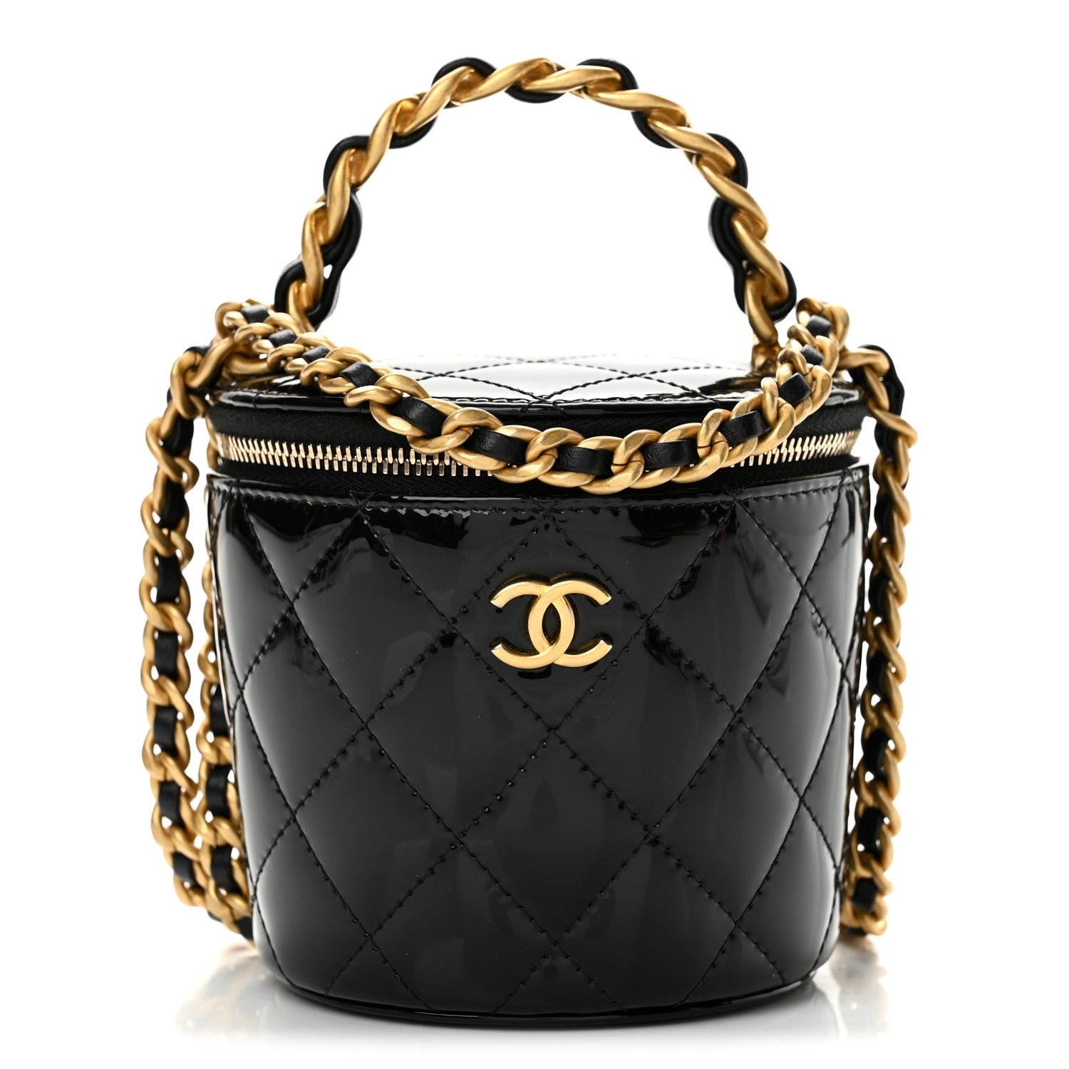 Chanel Patent Quilted Afternoon Tea Top Handle Vanity Case With Chain Black