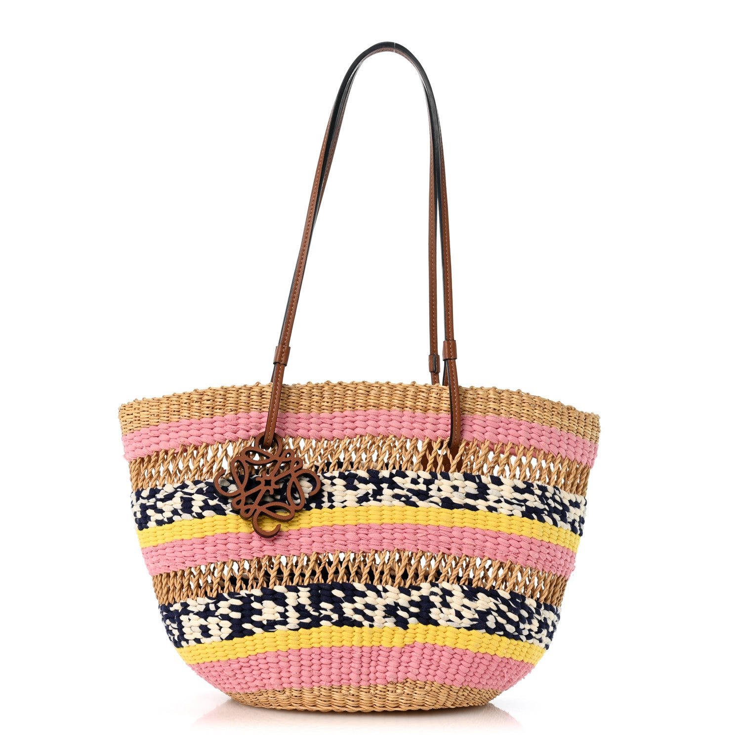 Loewe Raffia Anagram Paulas Ibiza Small Basket Tote Bag Natural Pink Tulip