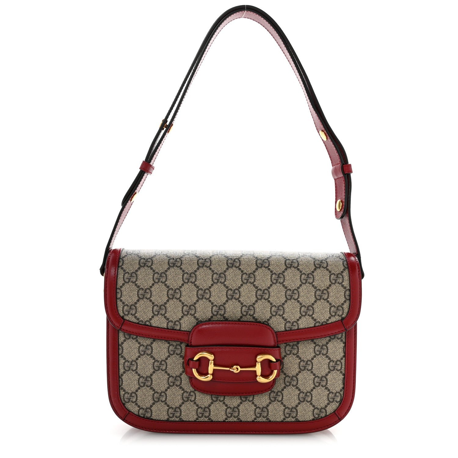 Gucci GG Supreme Monogram Azalea Calfskin Horsebit 1955 Shoulder Bag Beige Ebony New Cherry Red