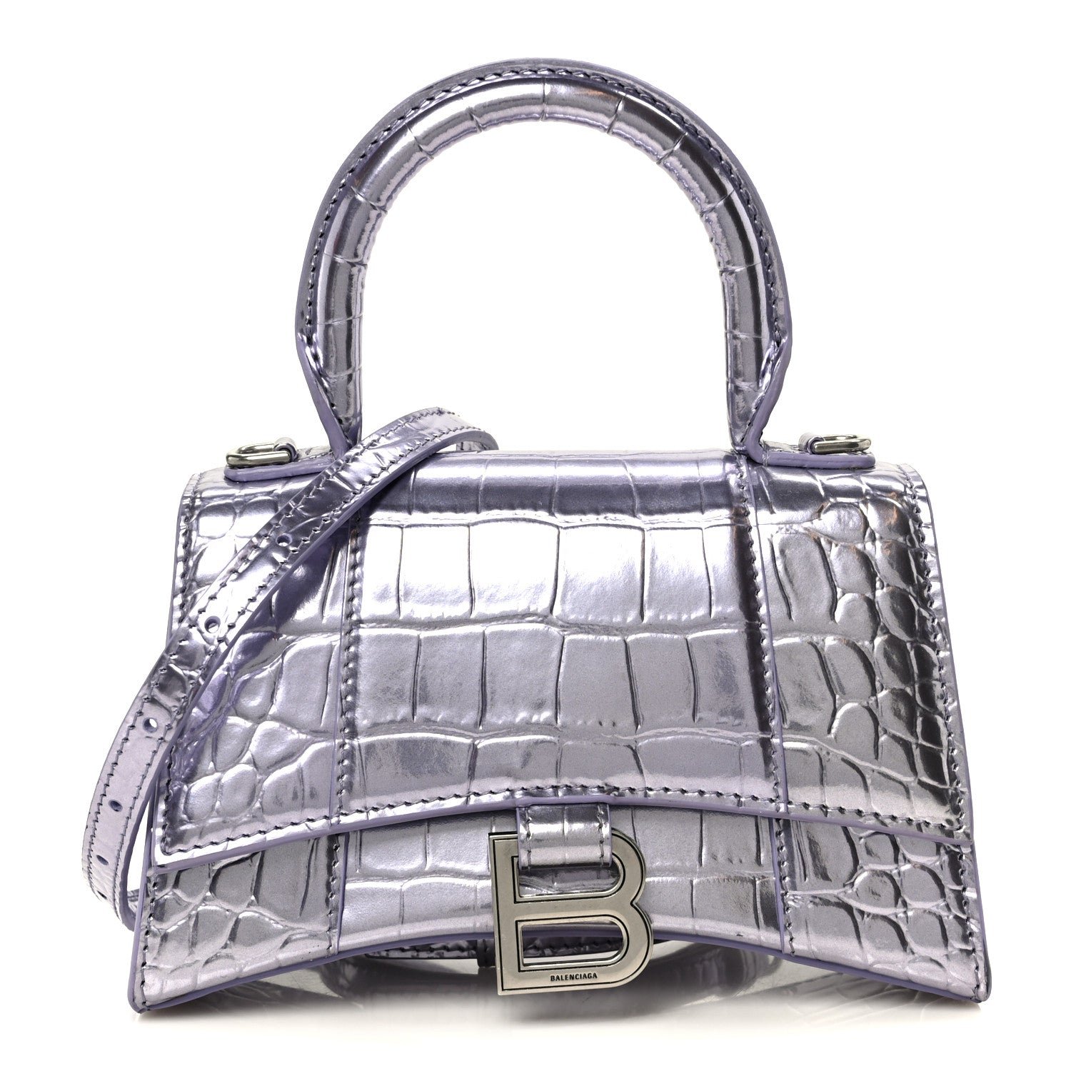 Balenciaga Metallic Calfskin Crocodile Embossed Hourglass Top Handle Bag XS Lilac