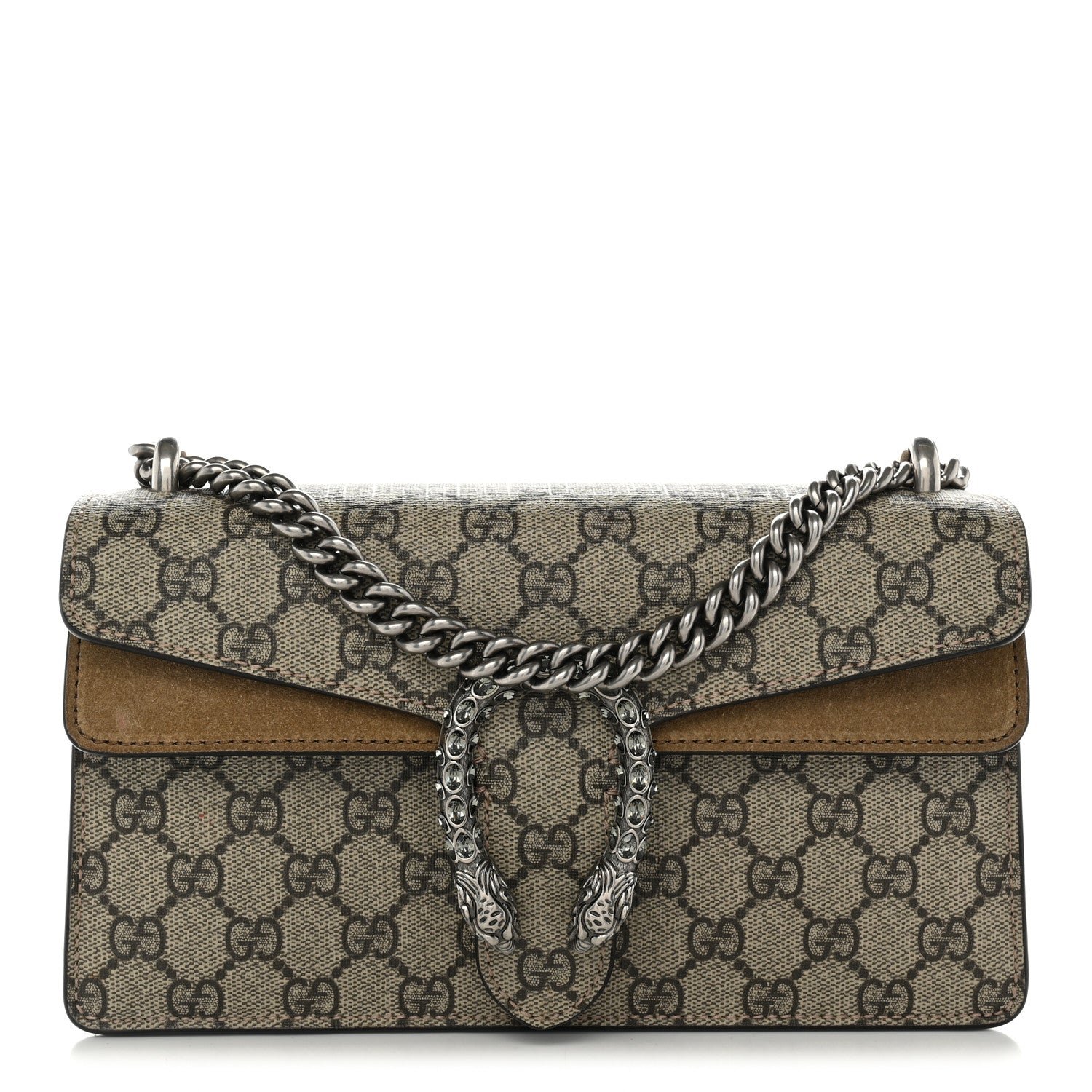 Gucci GG Supreme Monogram Suede Crystal Small Dionysus Shoulder Bag Beige Ebony Taupe