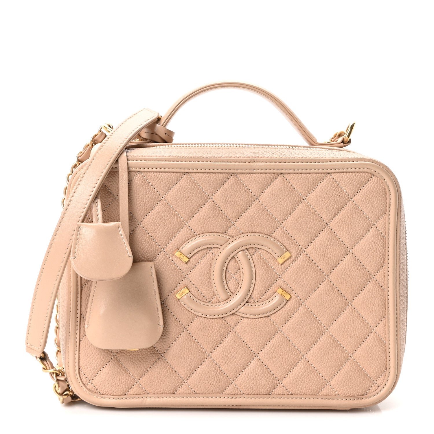 Chanel Caviar Quilted Large CC Filigree Vanity Case Beige