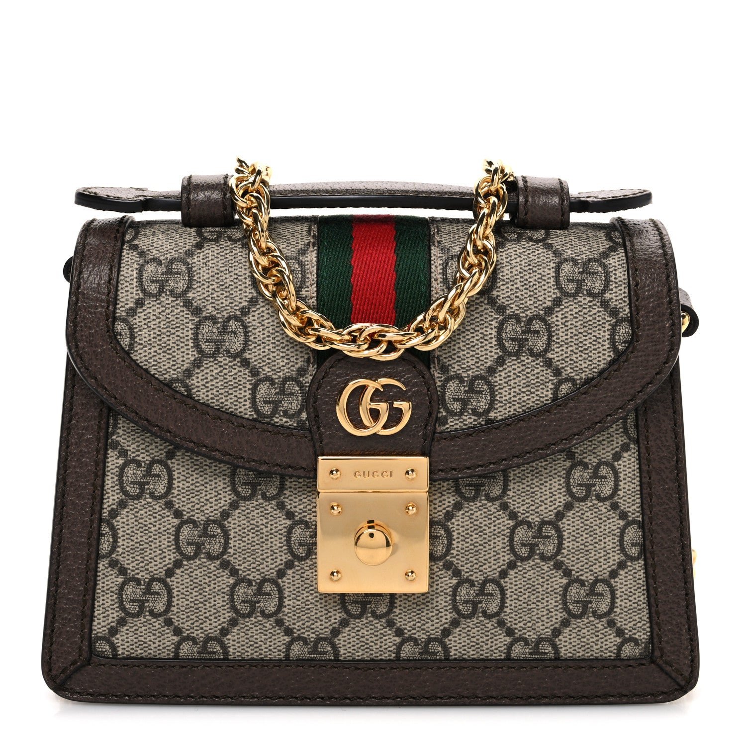 Gucci GG Supreme Monogram Textured Dollar Calfskin Web Mini Ophidia Padlock Top Handle Chain Shoulder Bag Beige Ebony New Acero