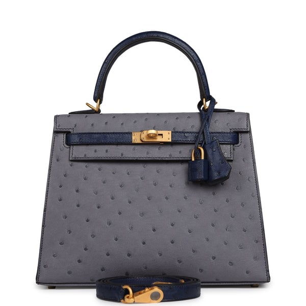 Hermes Special Order (HSS) Kelly Sellier 25 Gris Agate, Bleu Iris Ostrich Brushed Gold Hardware