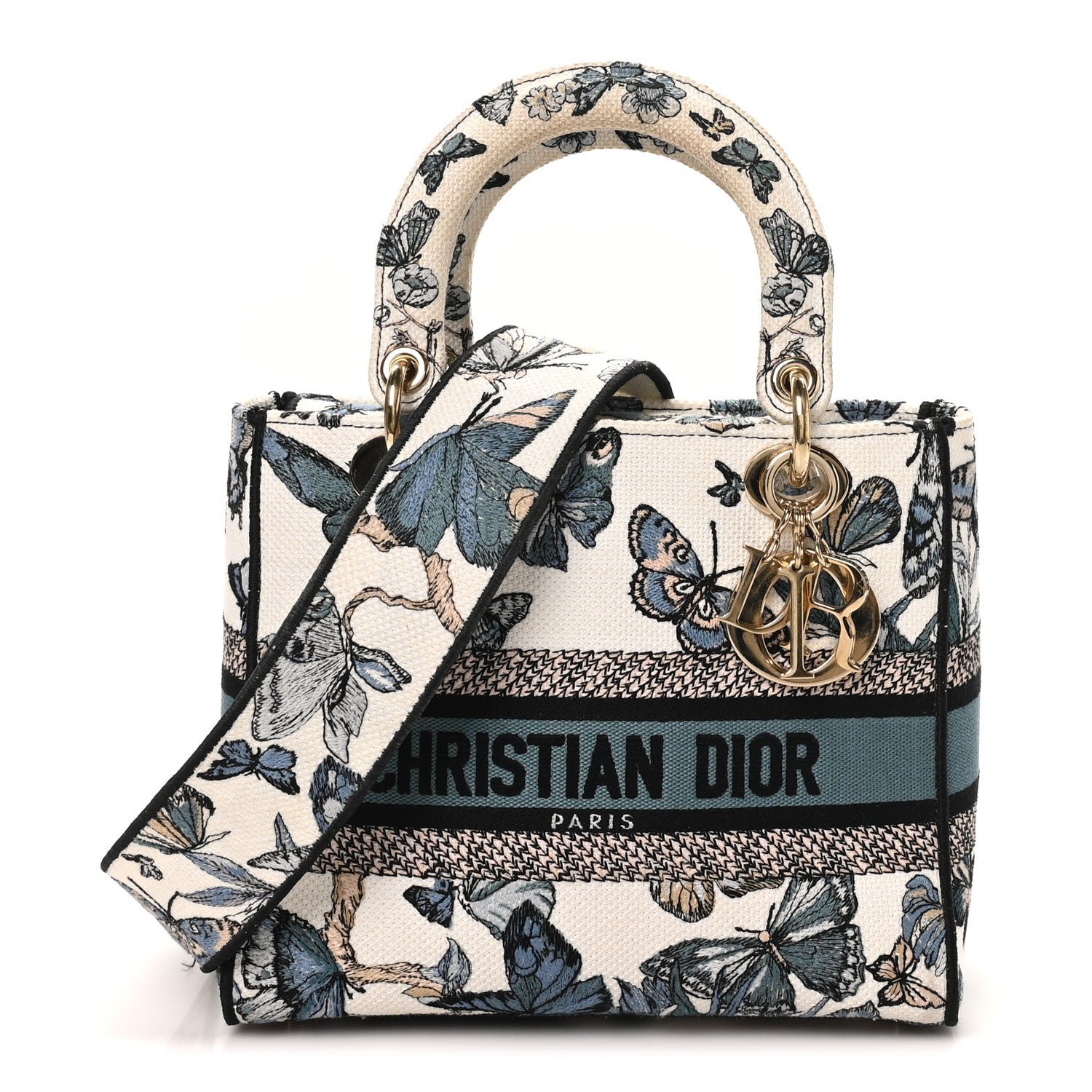Christian Dior Canvas Toile de Jouy Mexico Embroidered Medium Lady D-Lite White Blue Multicolor