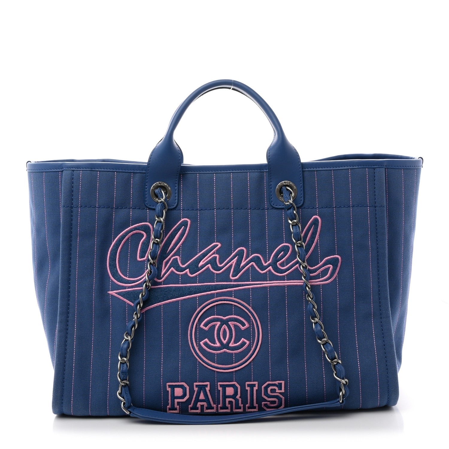 Chanel Canvas Calfskin Striped Medium Deauville Tote Blue
