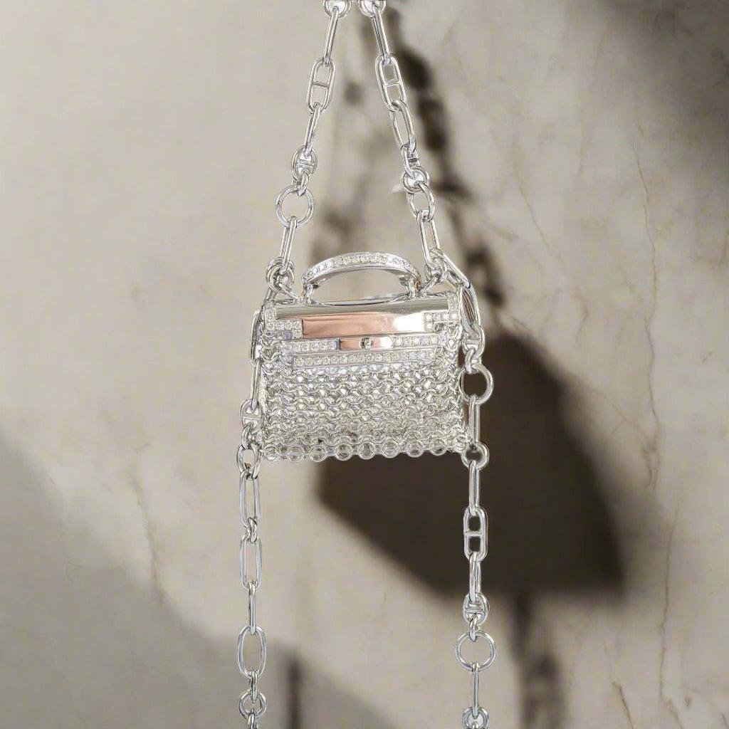 Hermes Hermès Kelly Précieux Bijou 18K White Gold and Diamond Micro Bag Necklace