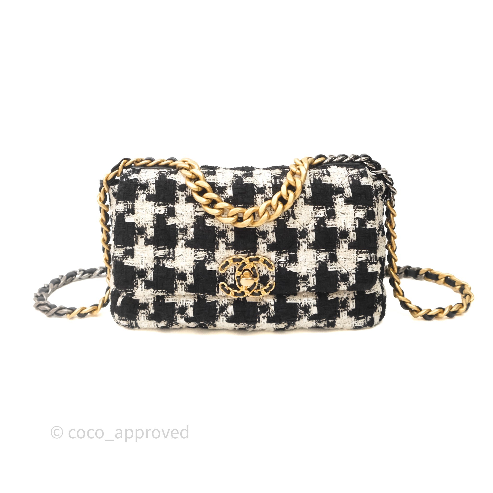 Chanel 19 Small Tweed Houndstooth Black & White Mixed Hardware