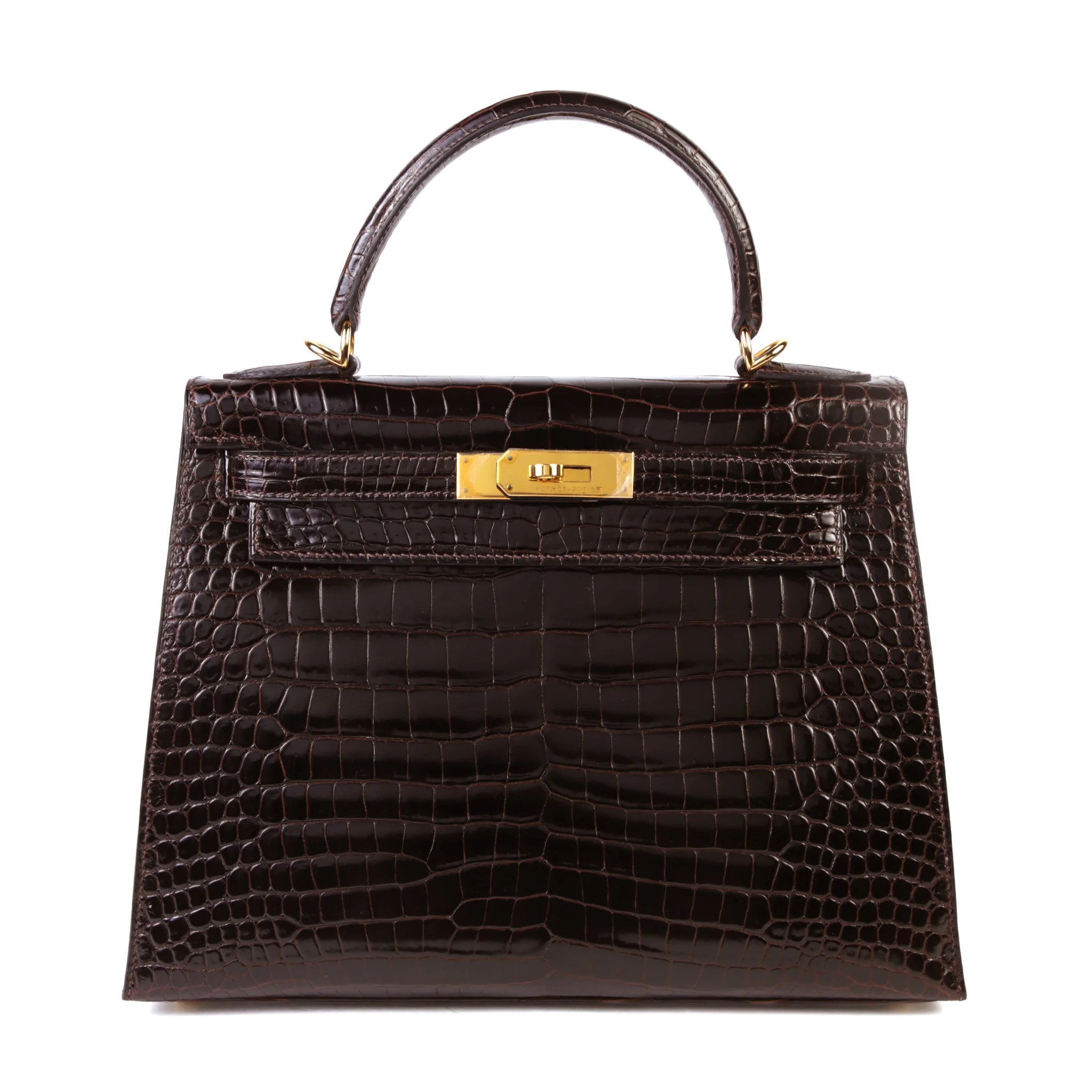 Very Good ( Rank A) HERMÈS Kelly 28 Sellier Havane (41) Shiny Porosus Crocodile Gold hardware Square F (2002)