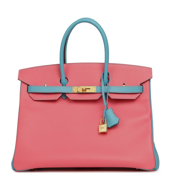 Hermes Pre-owned Hermes Special Order (HSS) Birkin 35 Rose Lipstick, Bleu Du Nord Epsom Brushed Gold Hardware