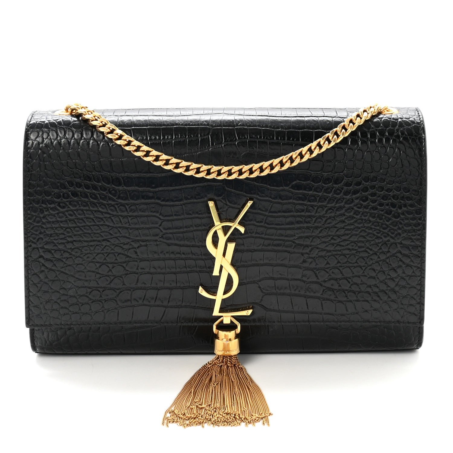 Saint Laurent Calfskin Crocodile Embossed Medium Classic Monogram Kate Tassel Satchel Black
