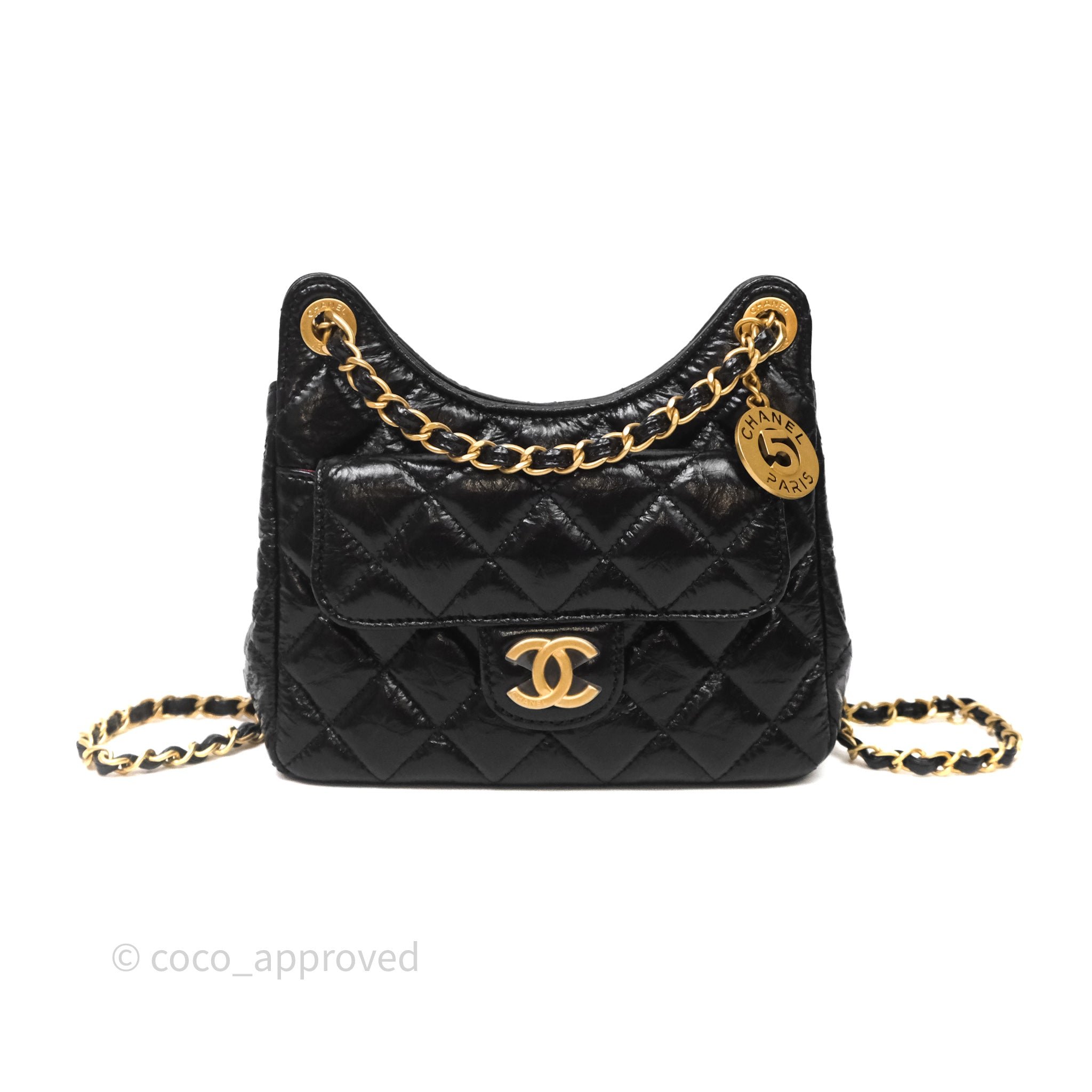 Chanel Small Wavy CC Hobo Black Shiny Crumpled Calfskin Aged Gold Hardware 23C