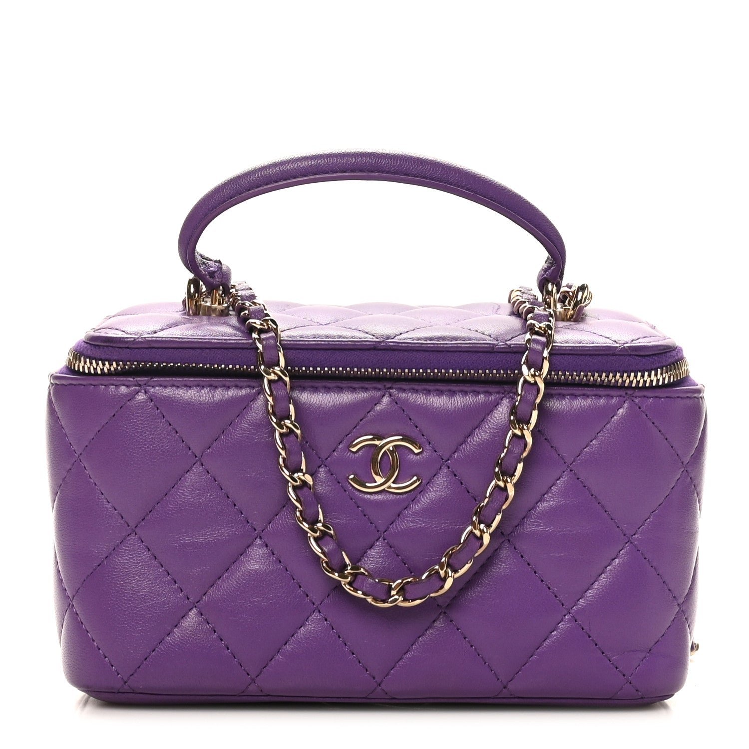 Chanel Lambskin Quilted Small Top Handle Vanity Case With Chain Purple