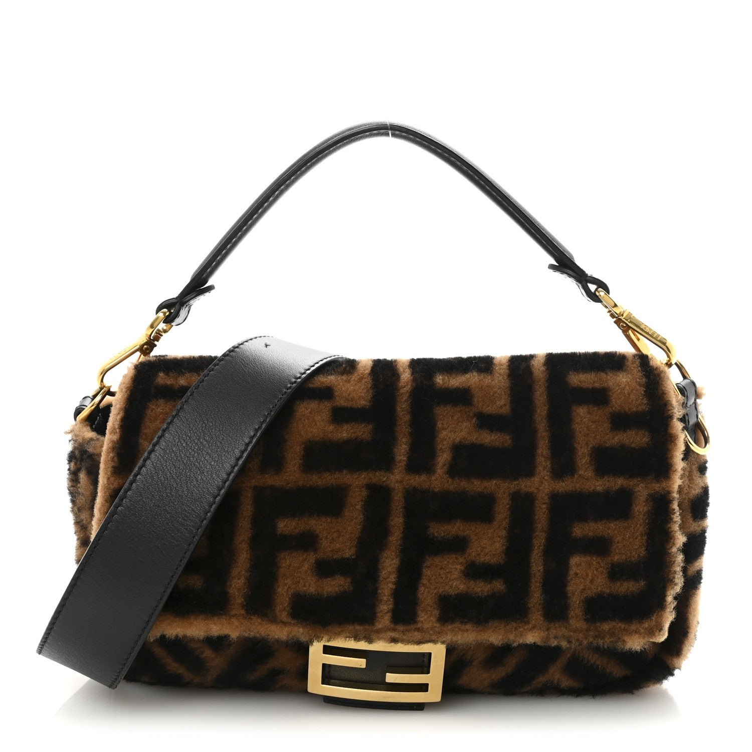 Fendi Shearling Vitello Dolce Macro FF 1974 Baguette Tobacco Black