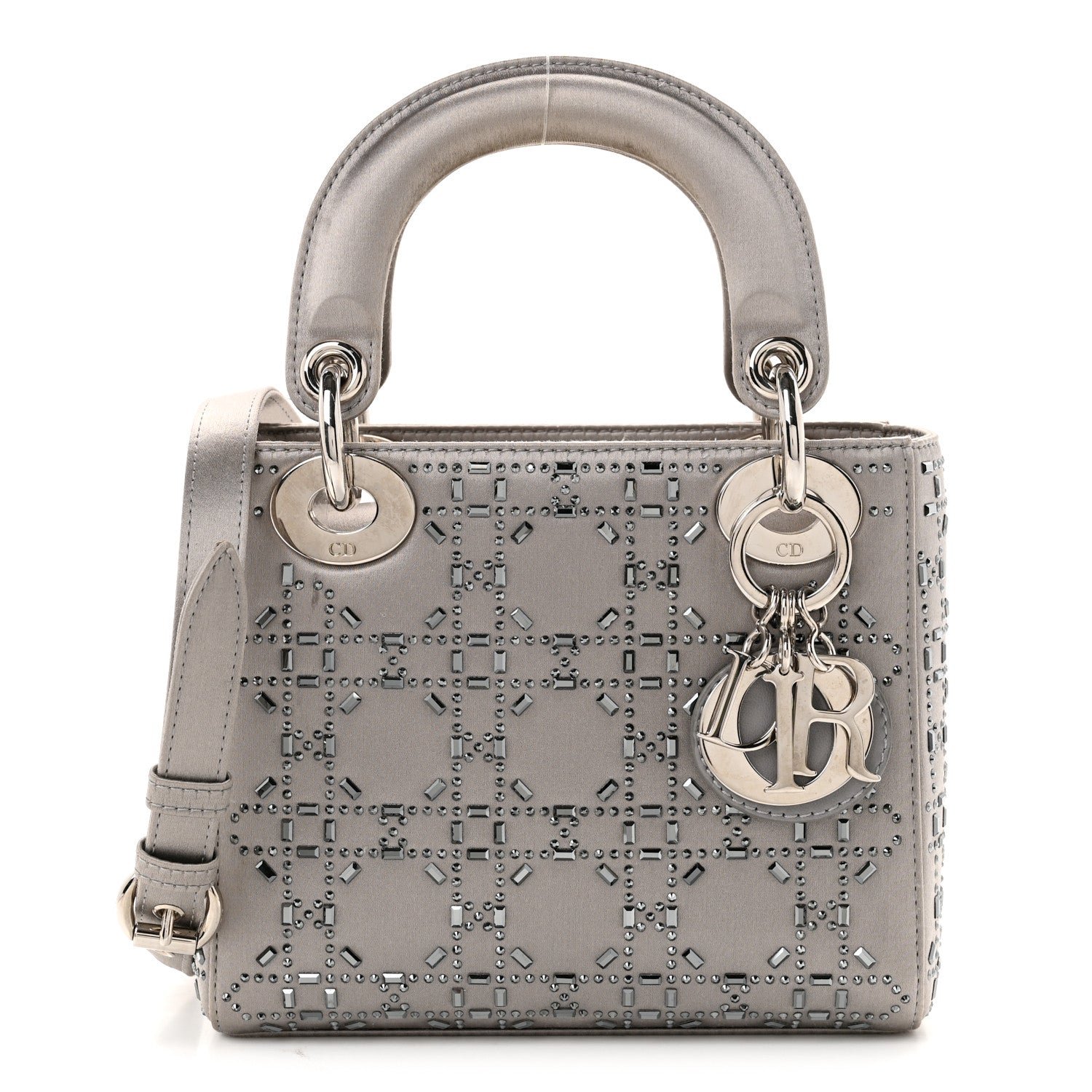 Christian Dior Satin Crystal Cannage Mini Lady Dior Gray