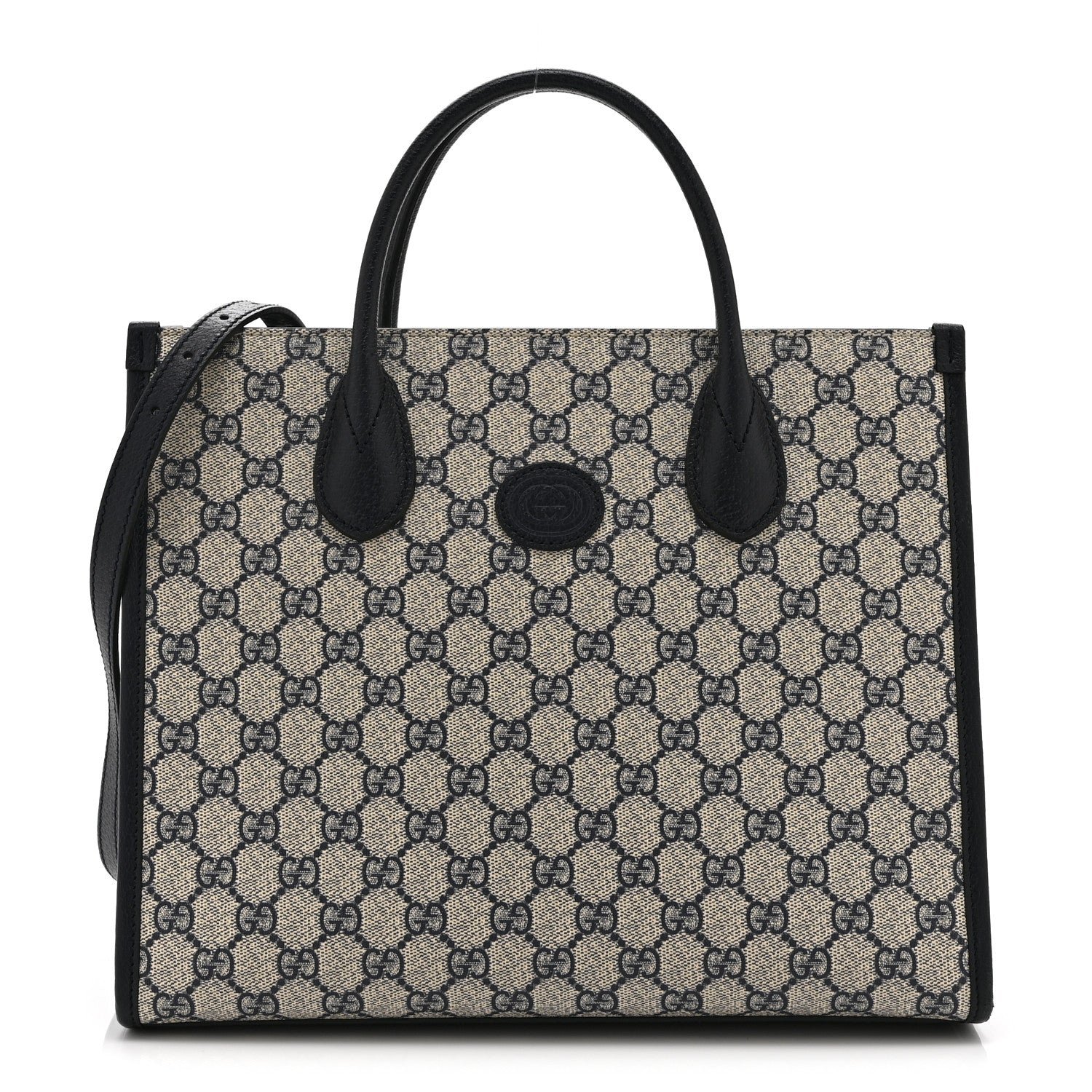 Gucci GG Supreme Monogram Textured Dollar Calfskin Small Retro Interlocking G Tote Bag Beige Blue