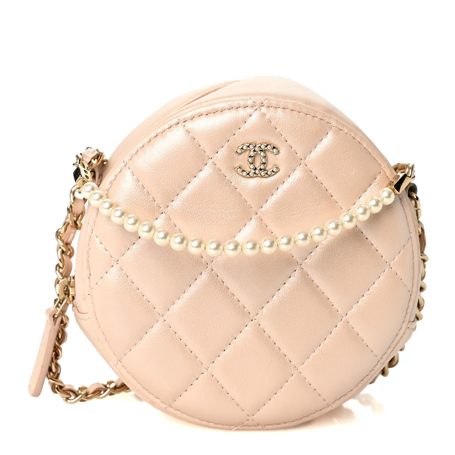 Chanel Iridescent Lambskin Quilted Pearl Round Clutch With Chain  Light Beige