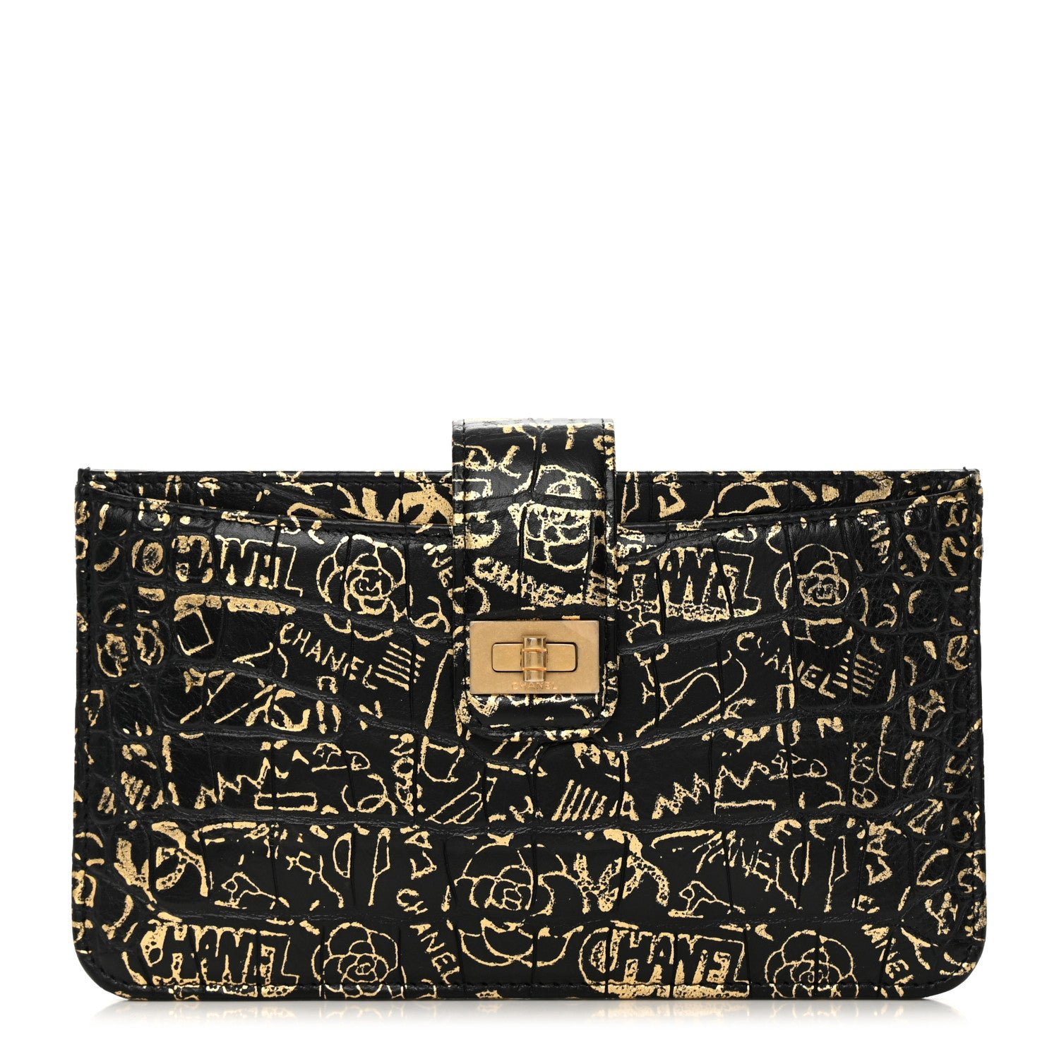 Chanel Calfskin Crocodile Embossed Graffiti 2.55 Cocodile Reissue Strap Pouch Black Gold