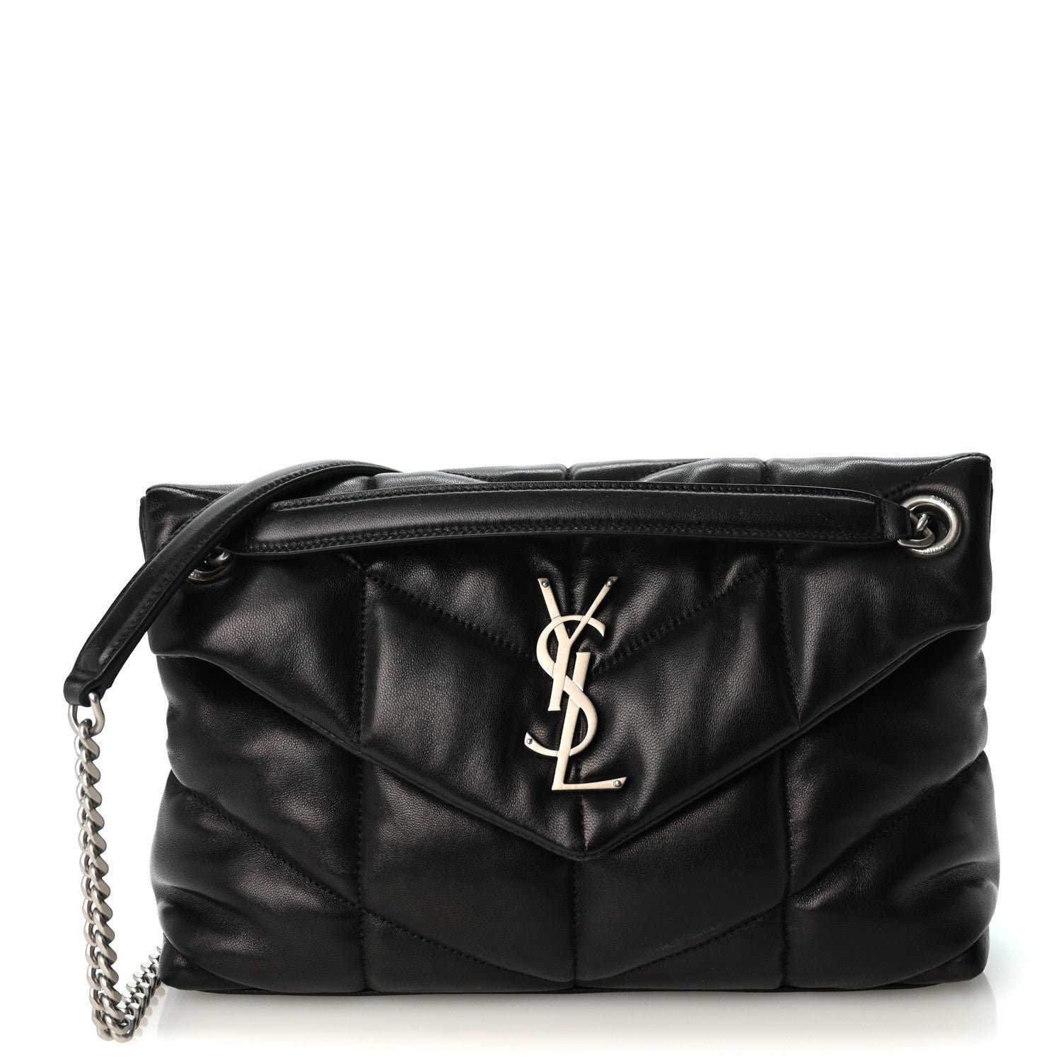 Saint Laurent Lambskin Quilted Small Loulou Puffer Monogram Chain Satchel Black