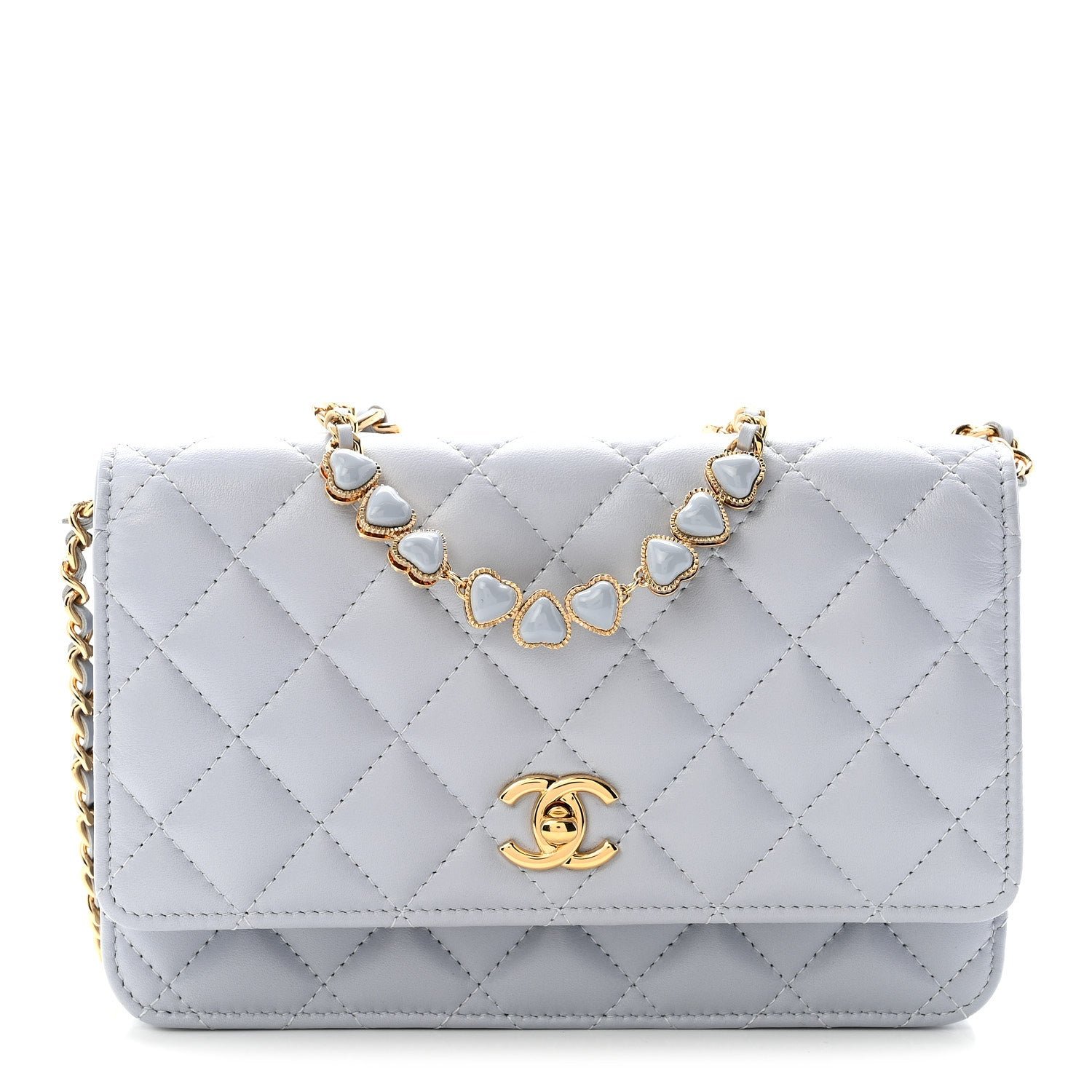 Chanel Lambskin Quilted Hearts CC Wallet On Chain WOC Light Blue