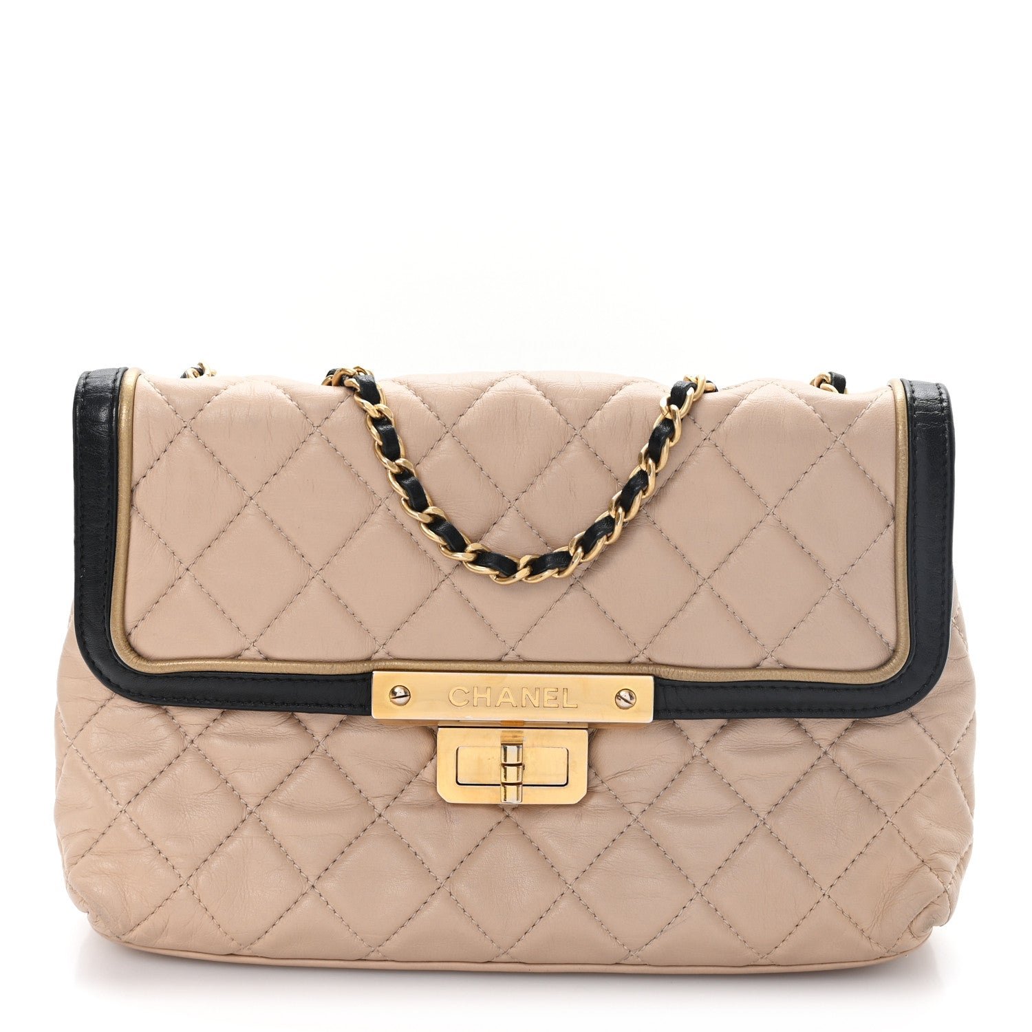 Chanel Lambskin Quilted Mademoiselle East West Flap Beige Black